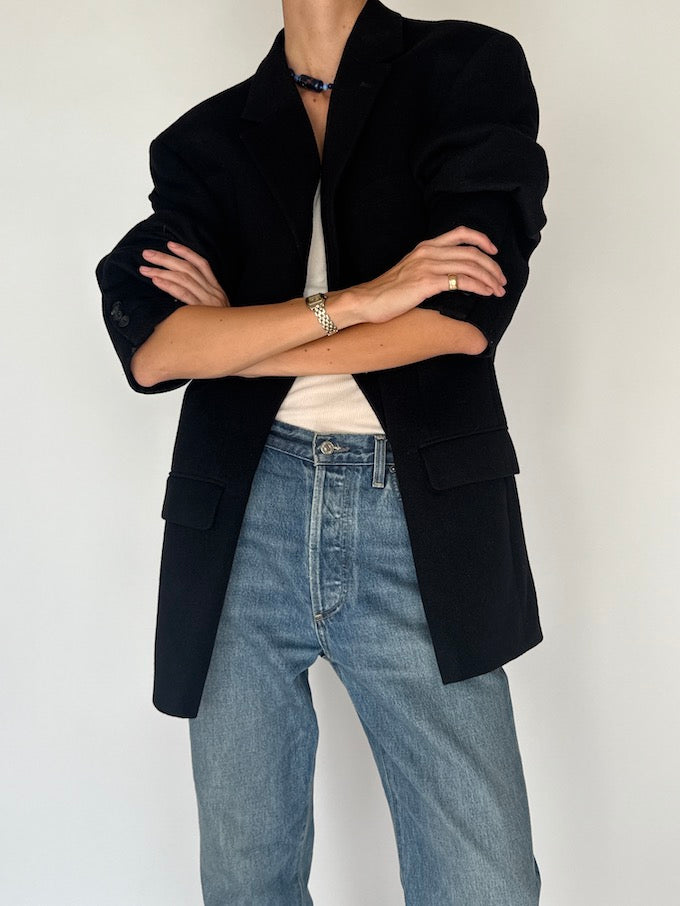 Vintage Oversized Cashmere, Wool & Silk Blazer Black 6450