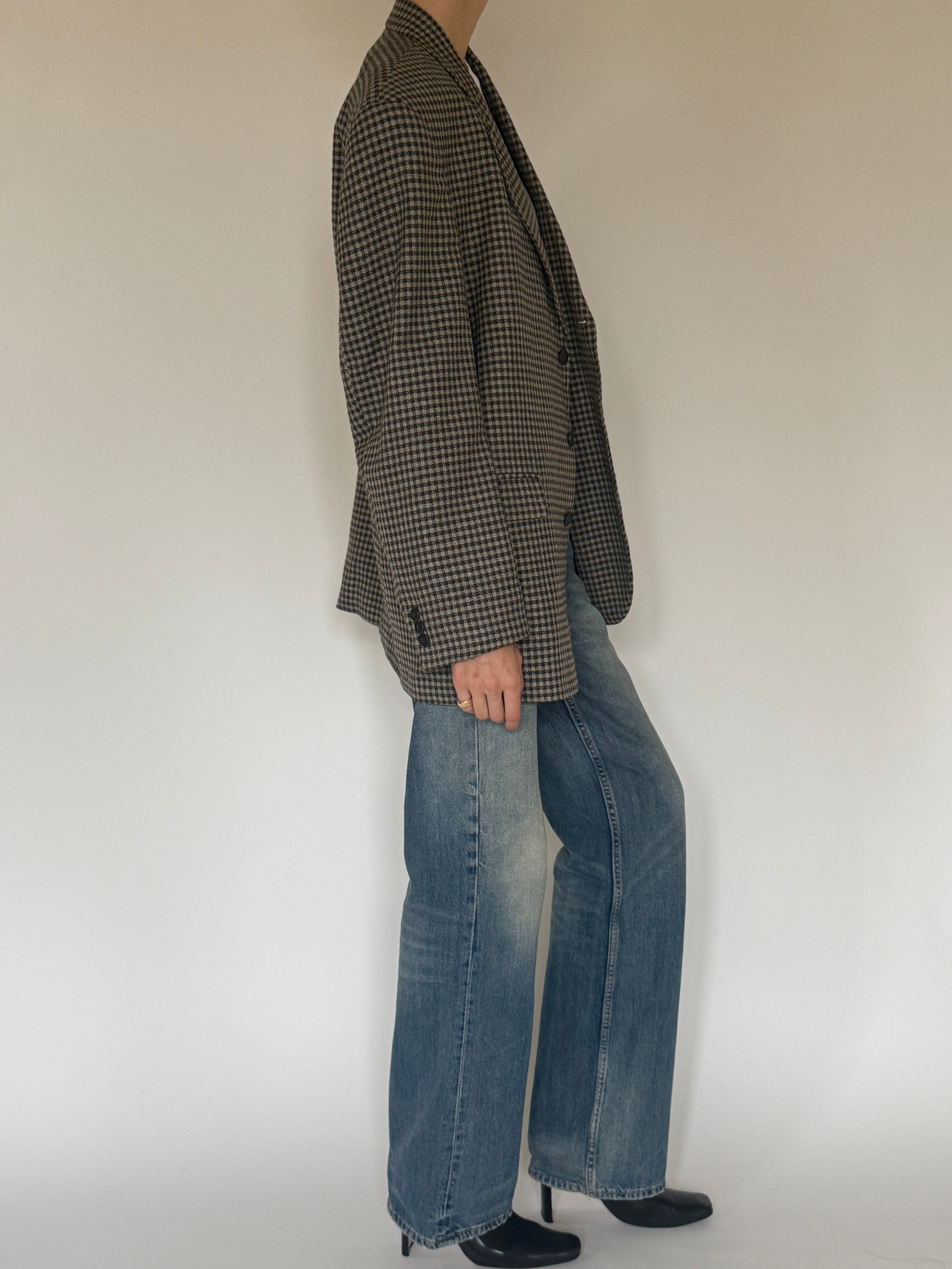 Vintage black and cream check oversized blazer side view showing relaxed tailored fit