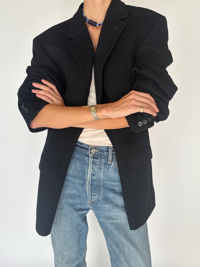 Vintage Oversized Cashmere, Wool & Silk Blazer Black 6450