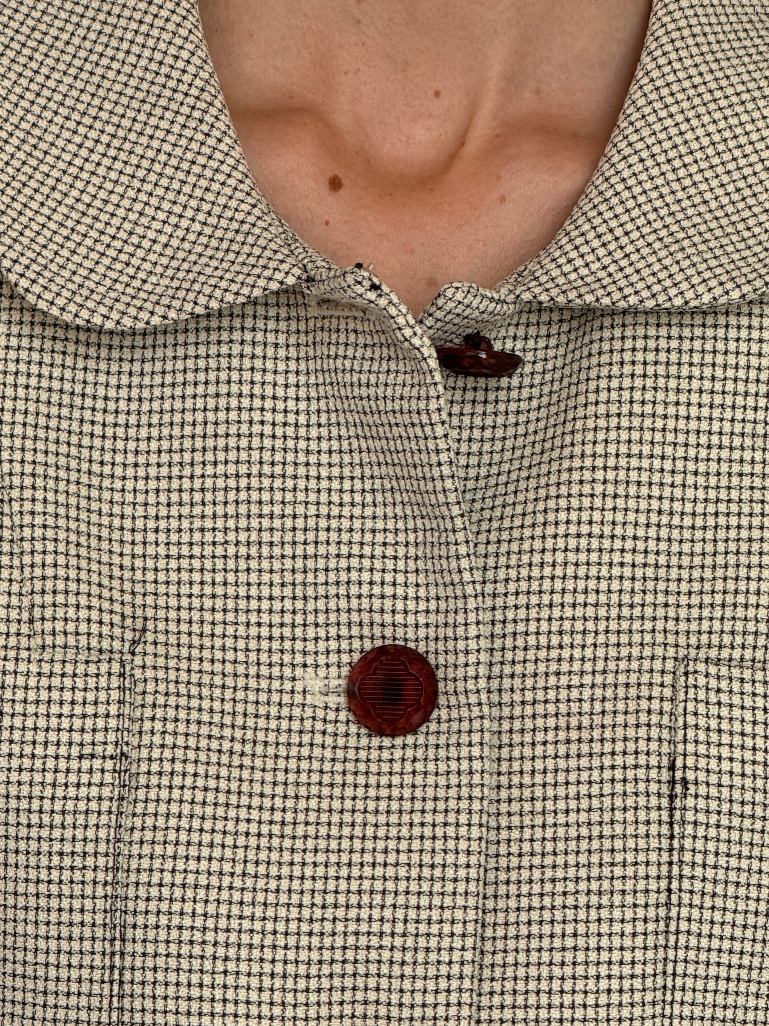 Vintage cream and black micro-check blazer brown button detail close-up