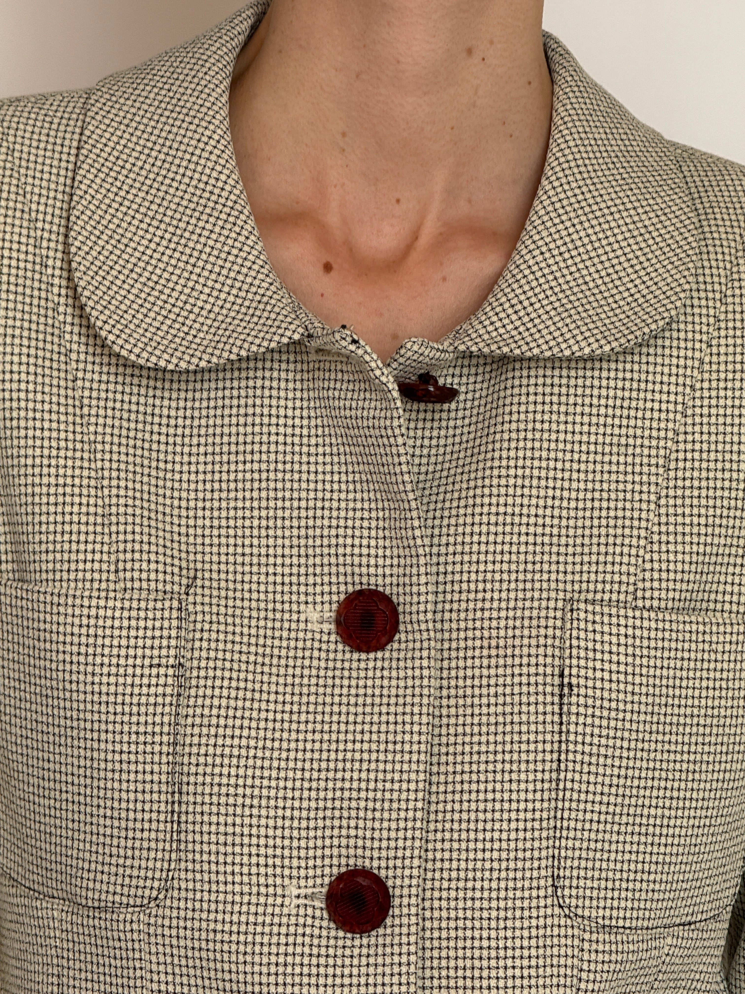 Vintage cream and black micro-check blazer front view with rounded collar