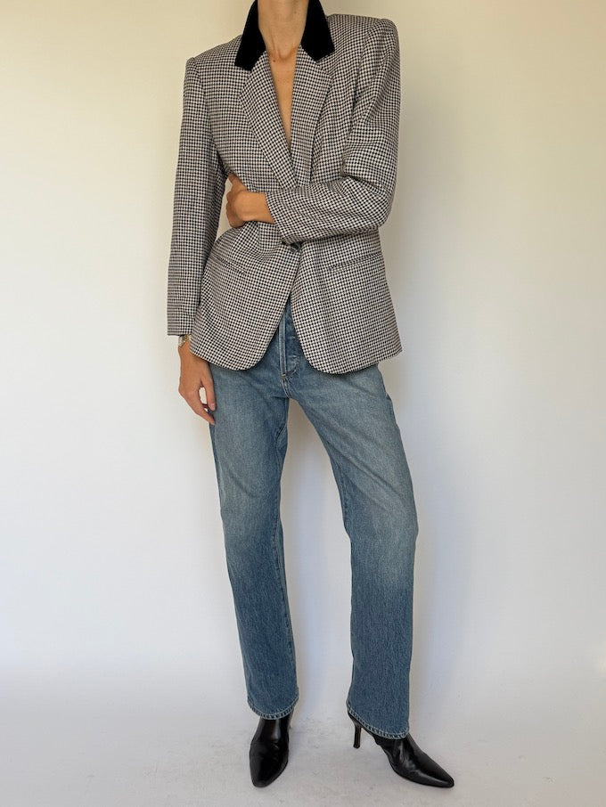 Vintage Houndstooth Blazer with Velvet Collar 6617