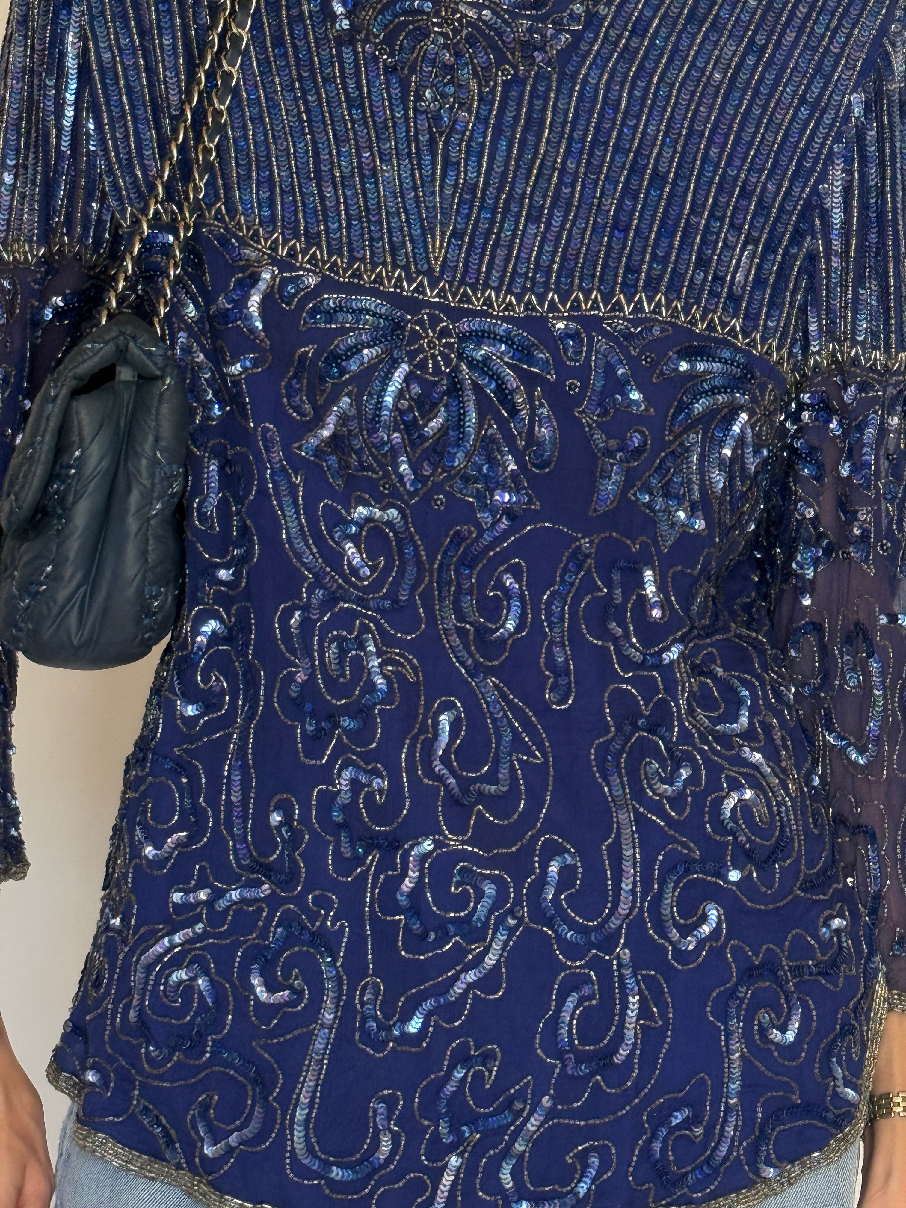Vintage navy beaded sequin evening top bead embroidery detail
