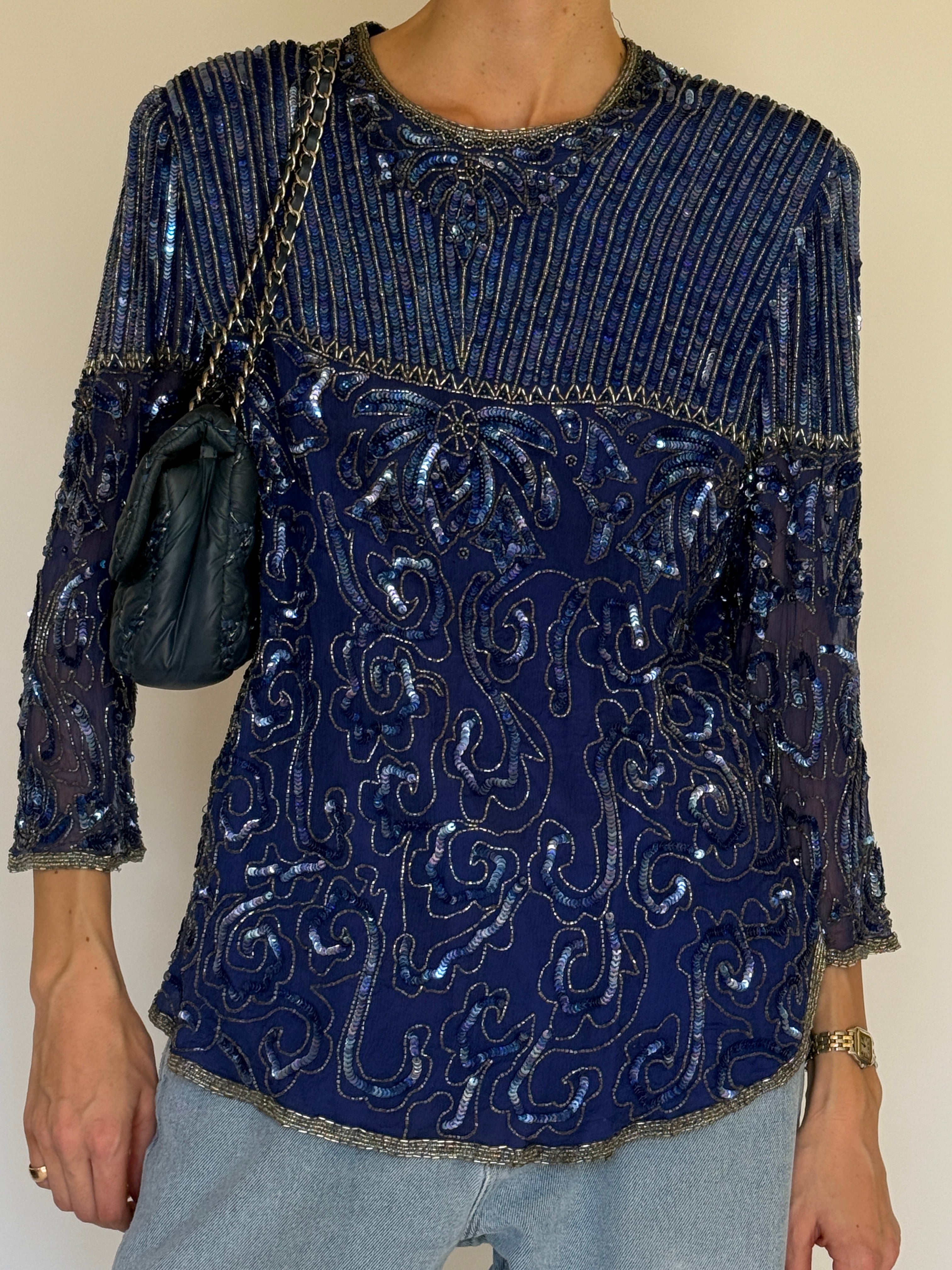 Vintage navy beaded sequin evening top front view