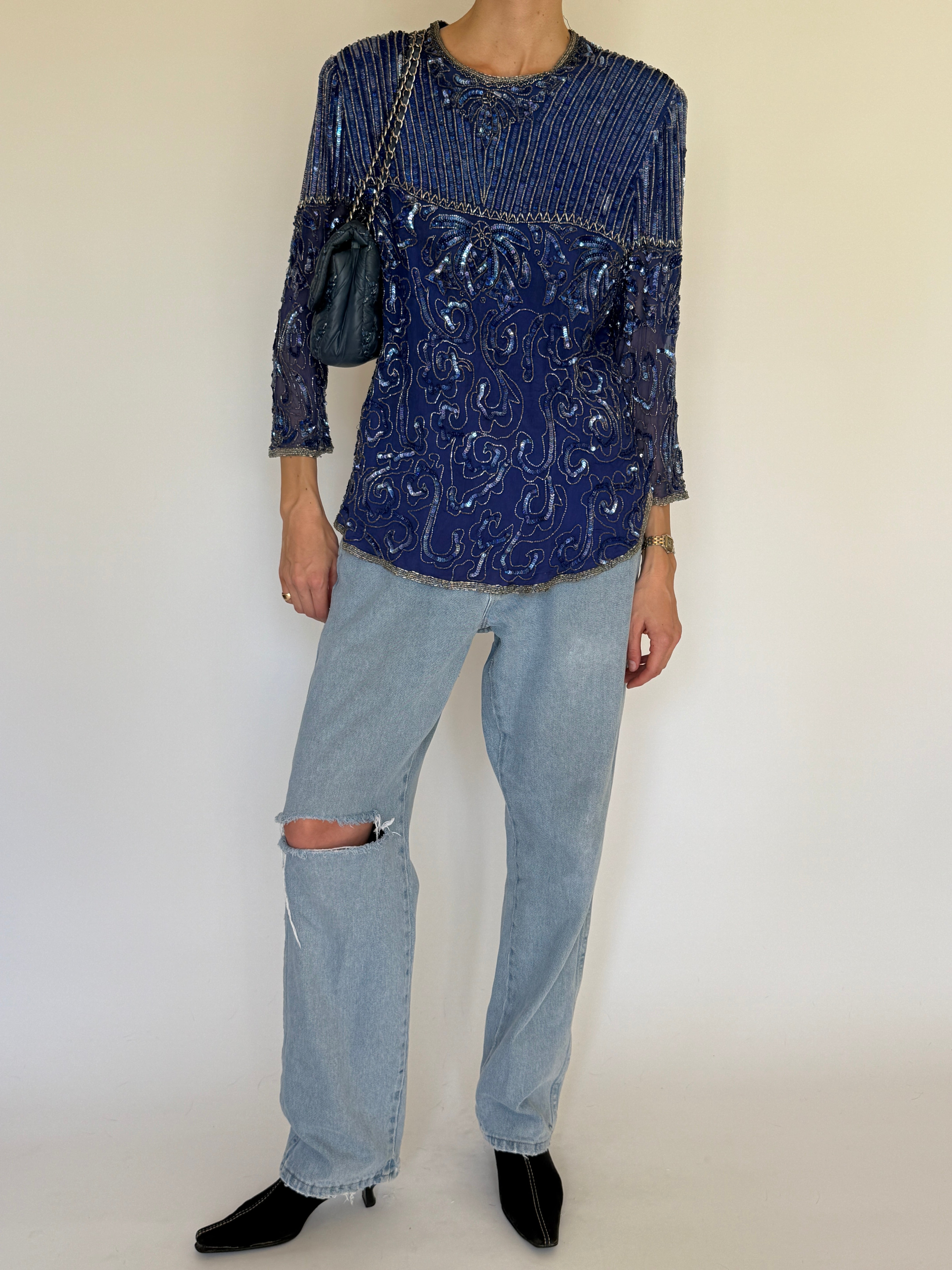 Vintage navy beaded sequin evening top front view