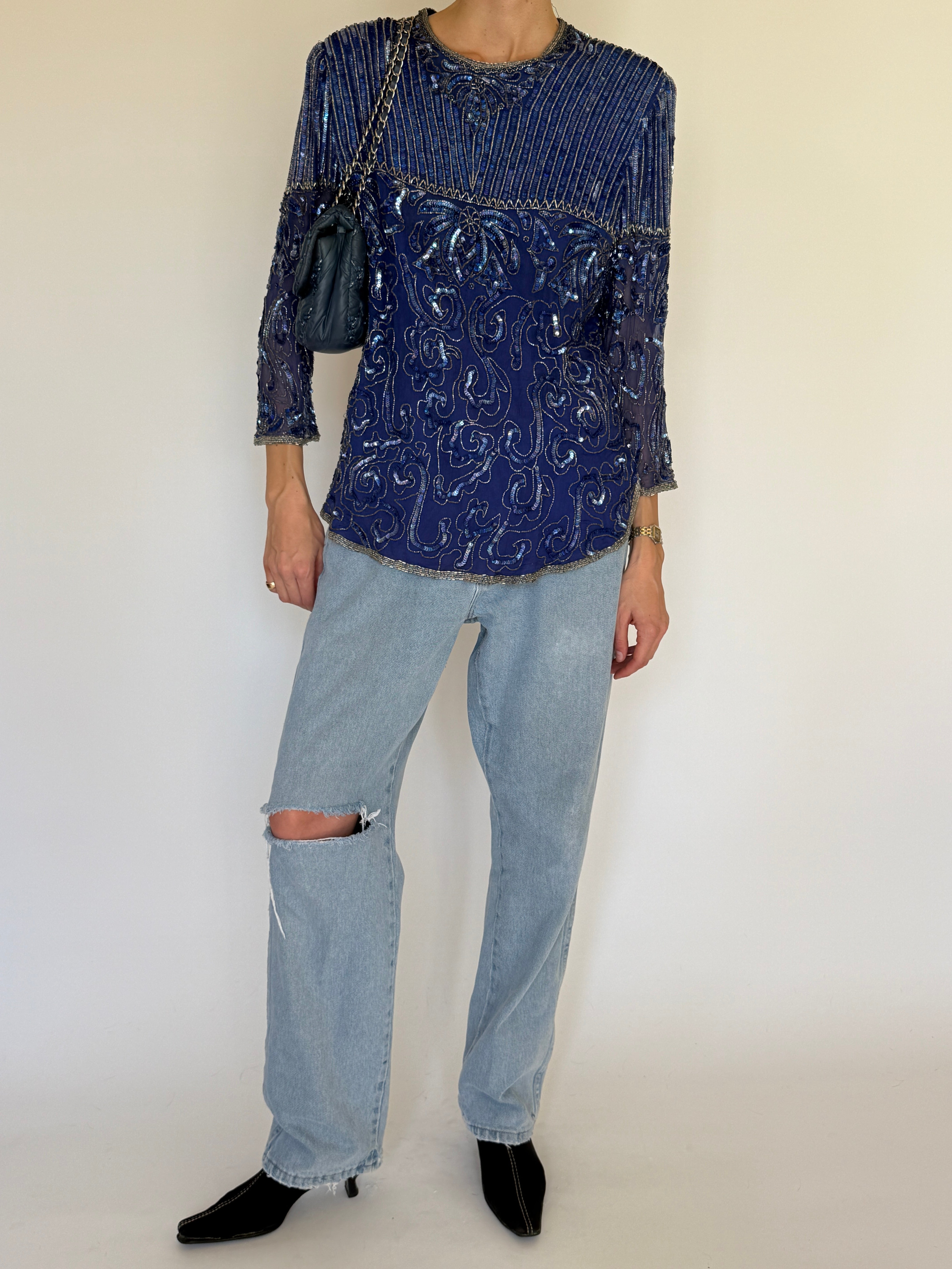 Vintage navy beaded sequin evening top vertical sequin panel detail