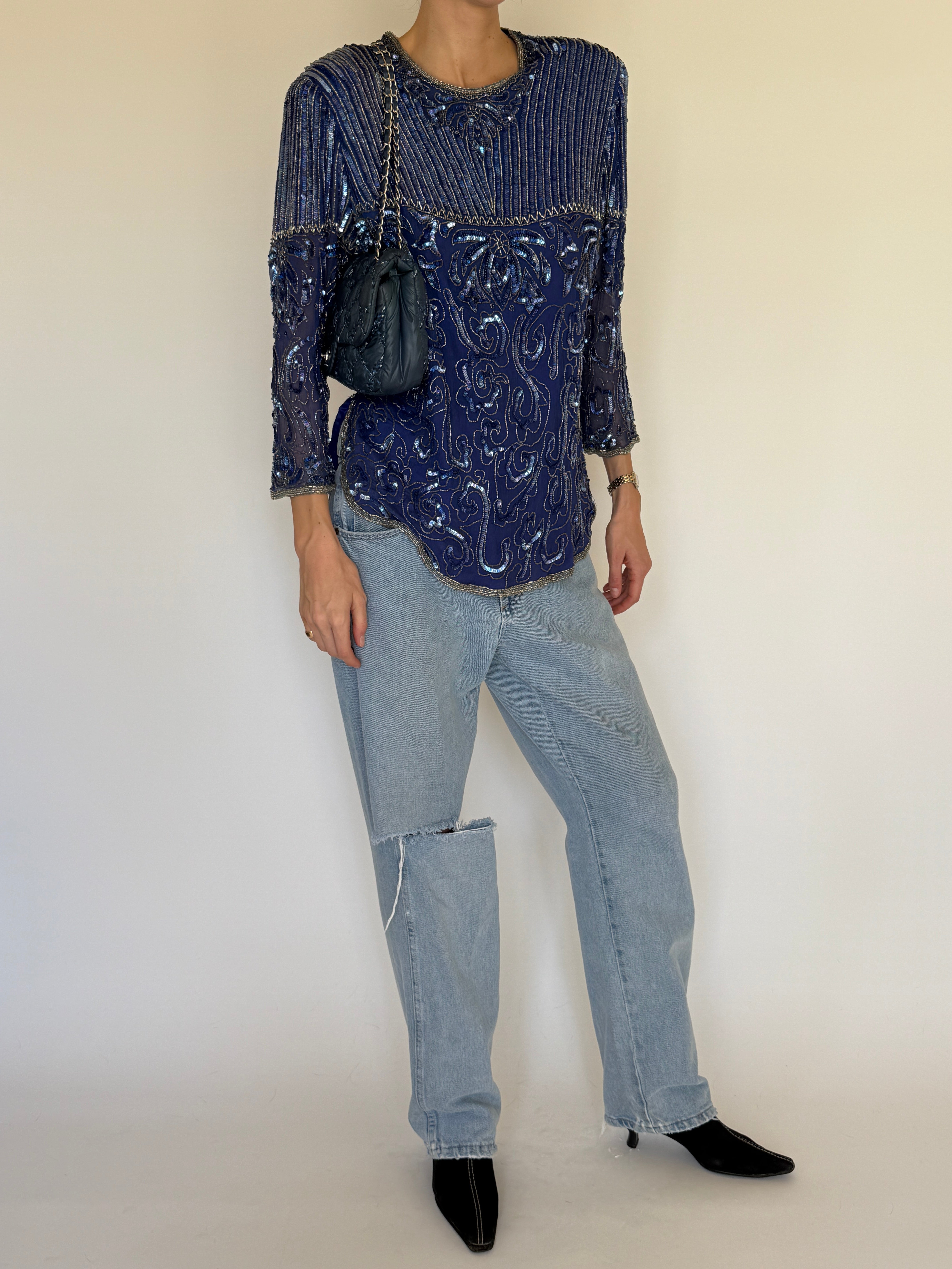 Vintage navy beaded sequin evening top side view