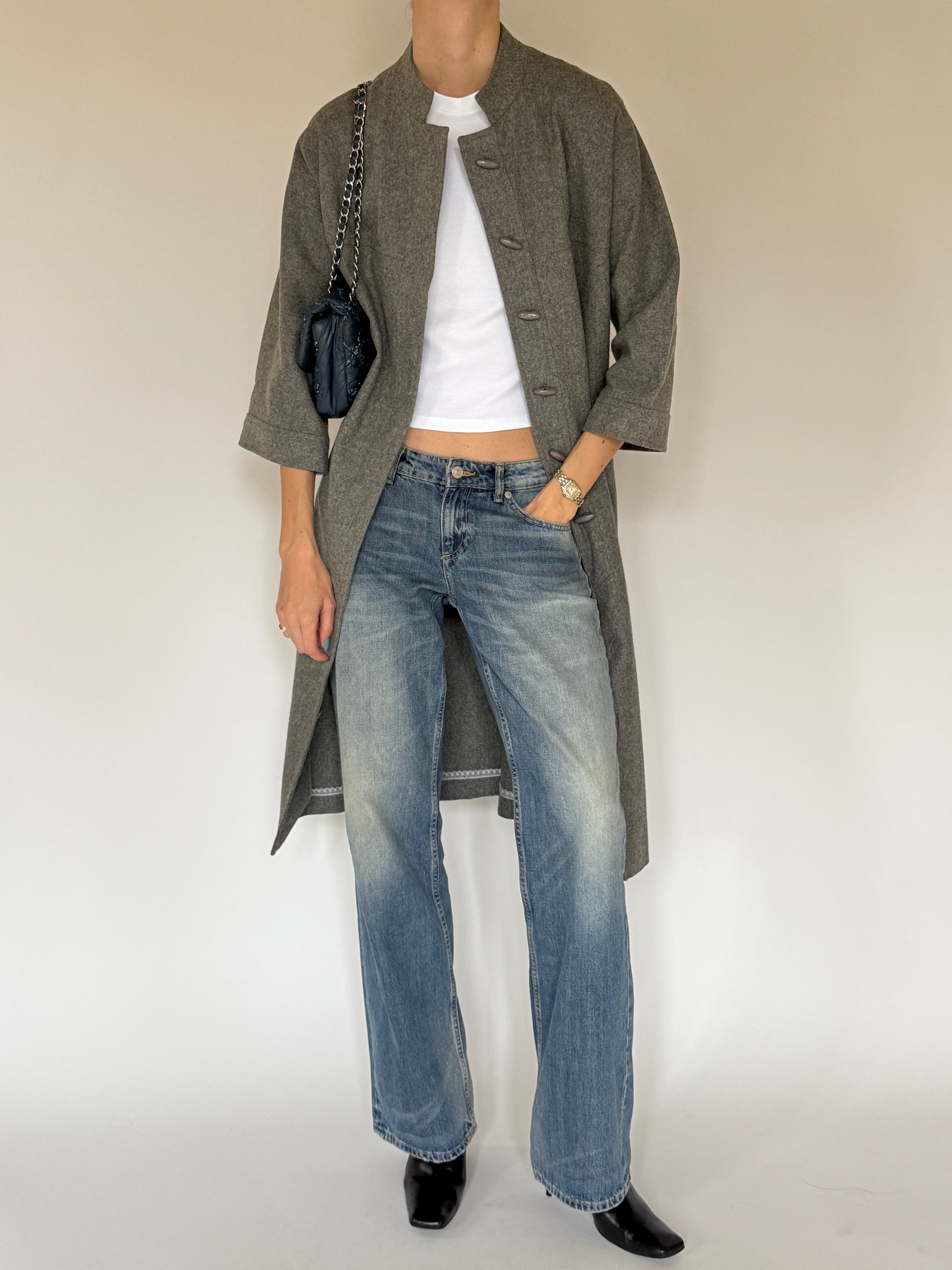 Vintage long grey coat open front view