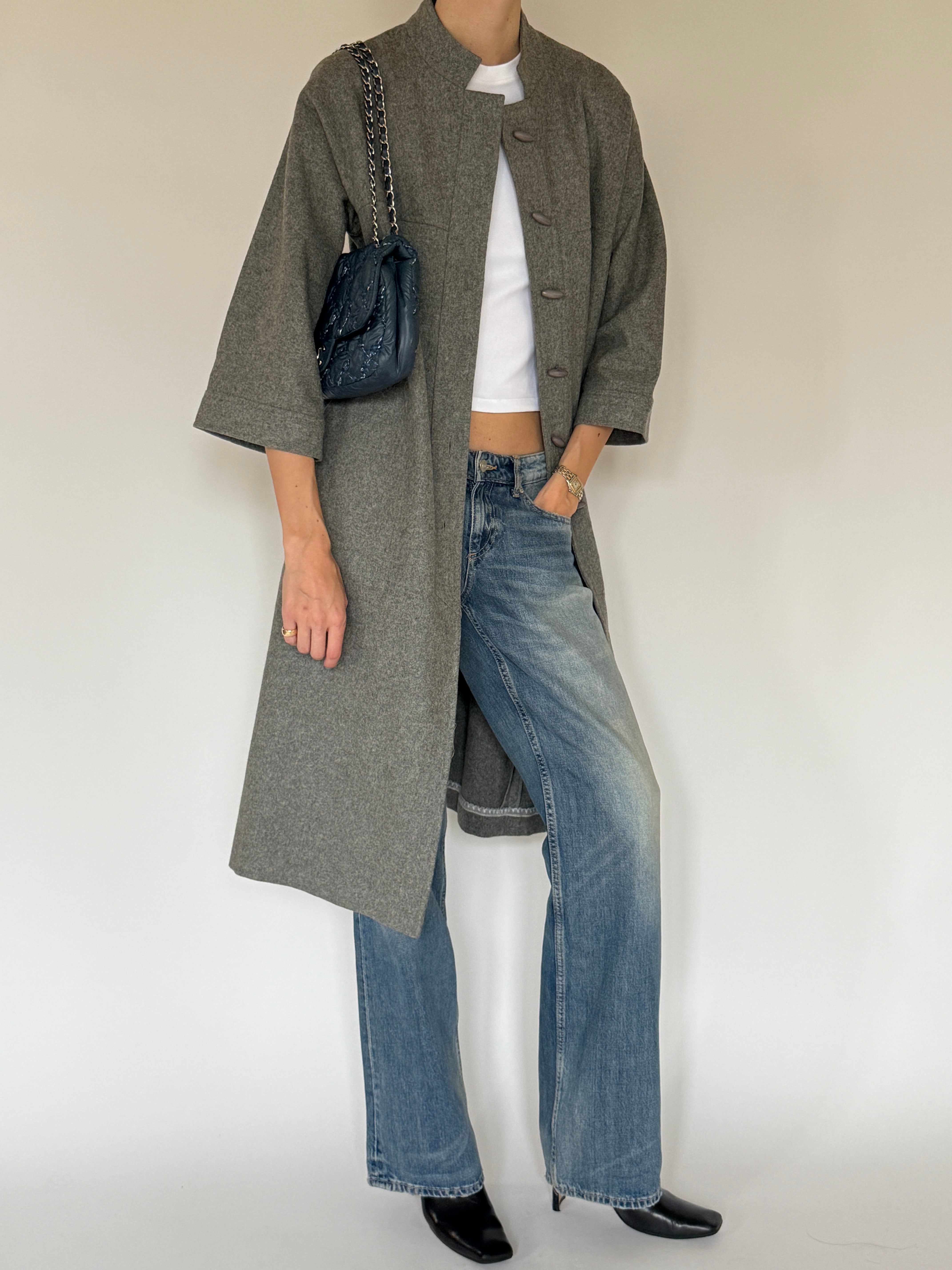 Vintage long grey coat side view
