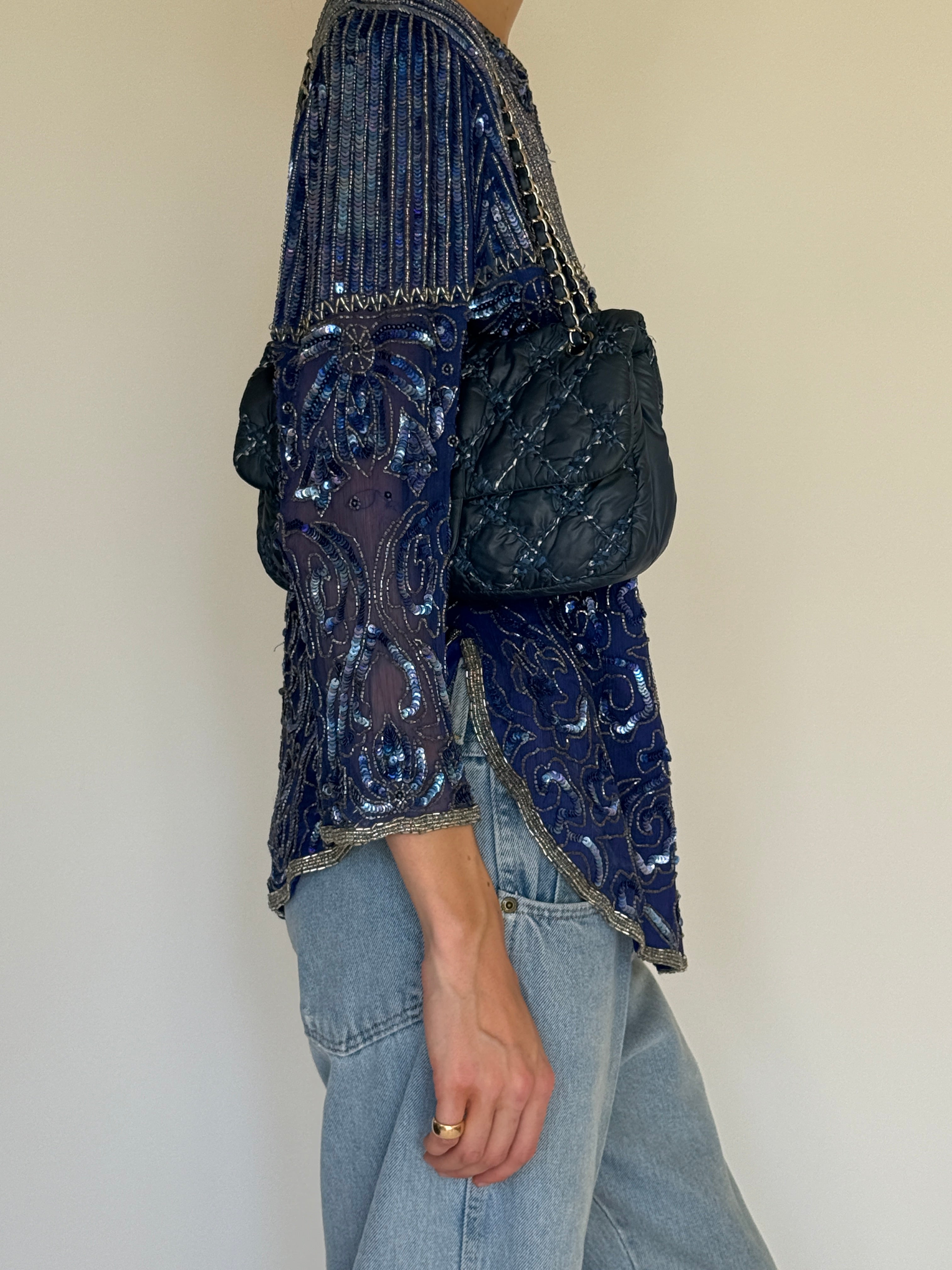 Vintage navy beaded sequin evening top side view