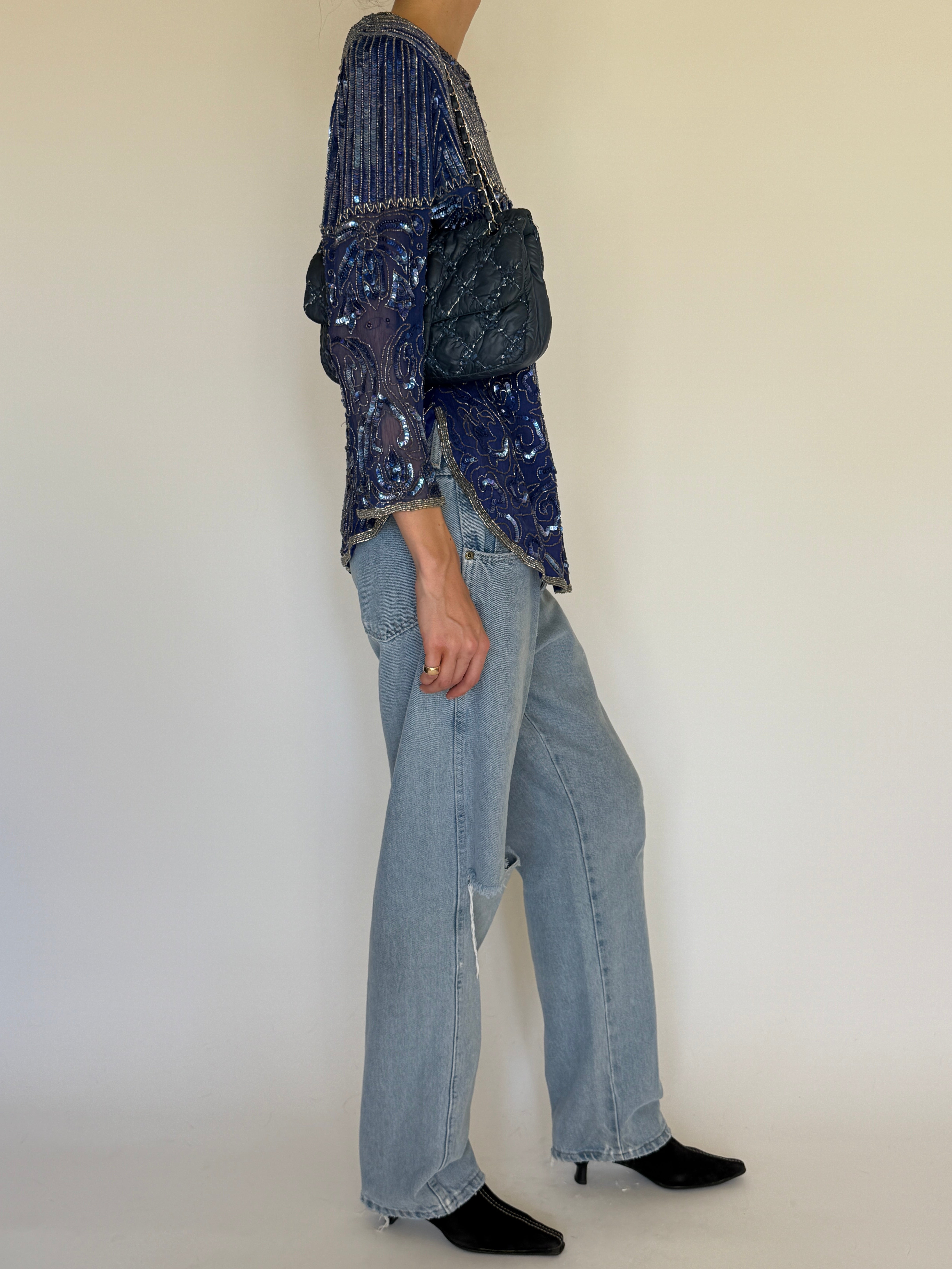 Vintage navy beaded sequin evening top side view