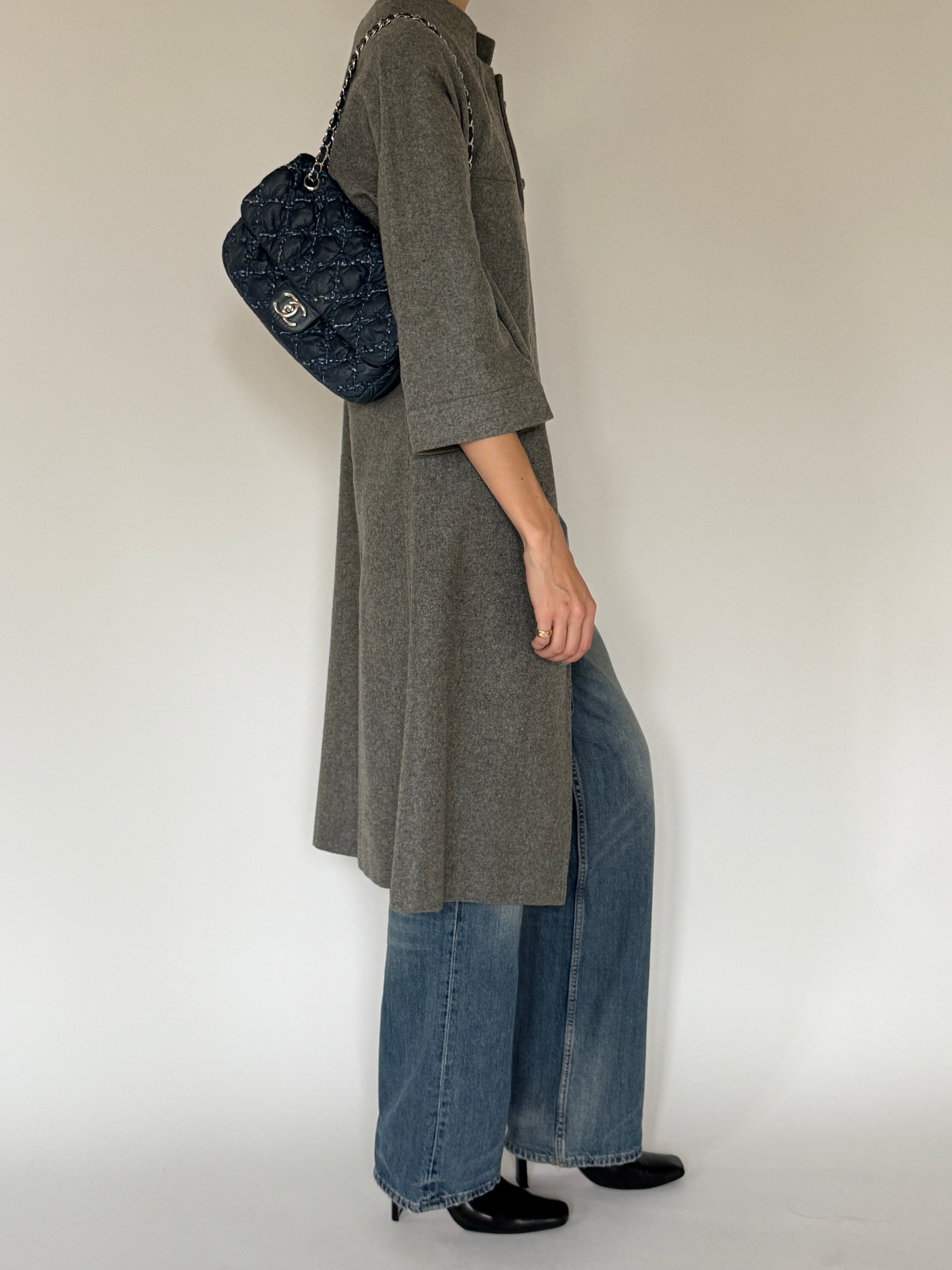 Vintage long grey coat side view