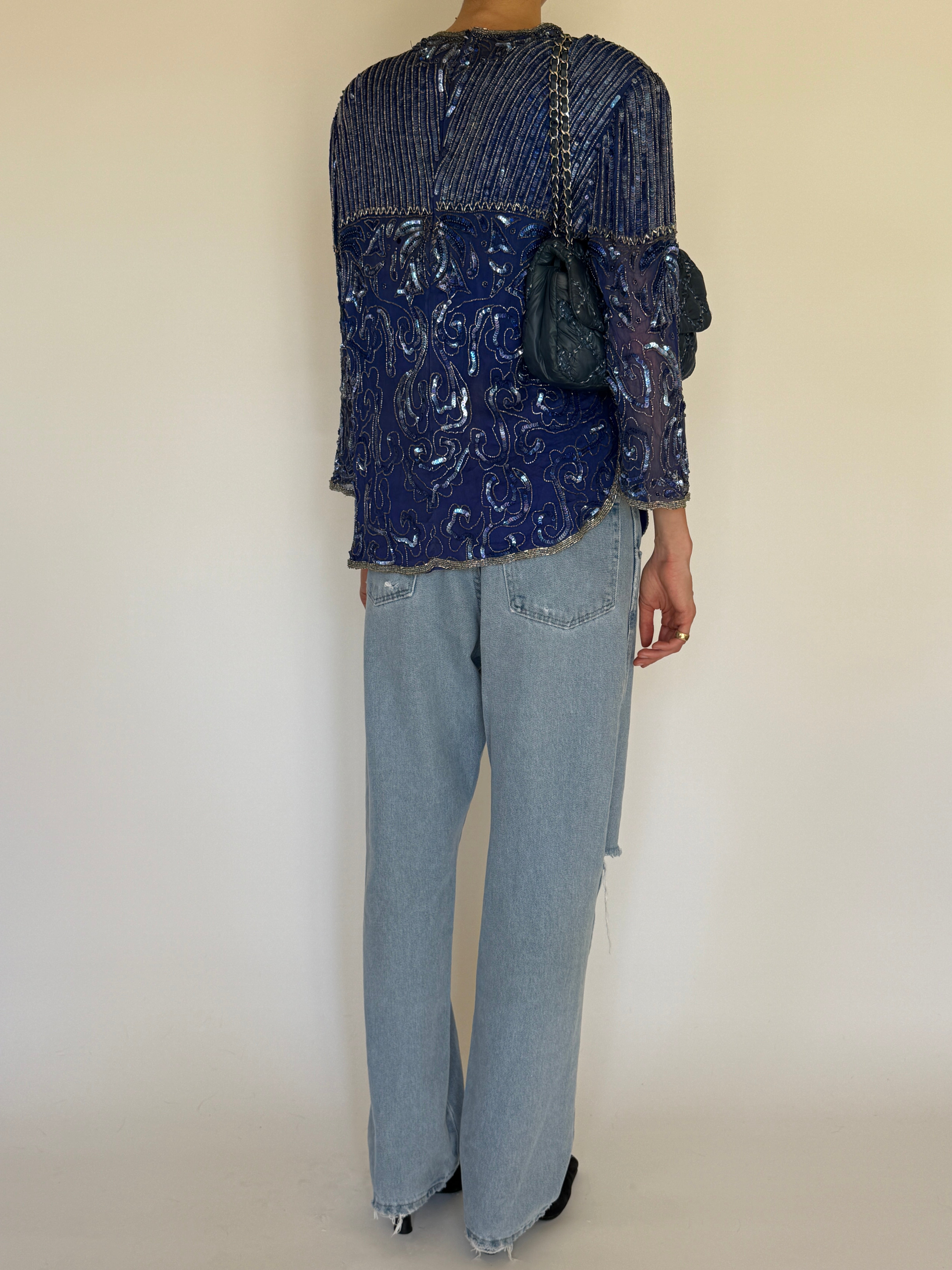 Vintage navy beaded sequin evening top back view