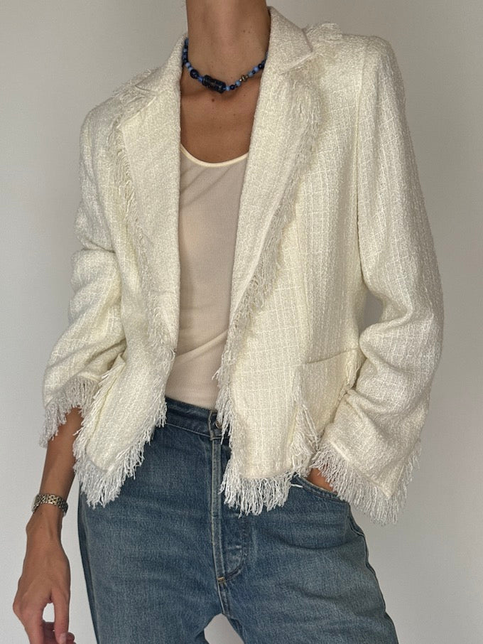 Vintage Fringe Tweed Jacket Blazer Cream 6428