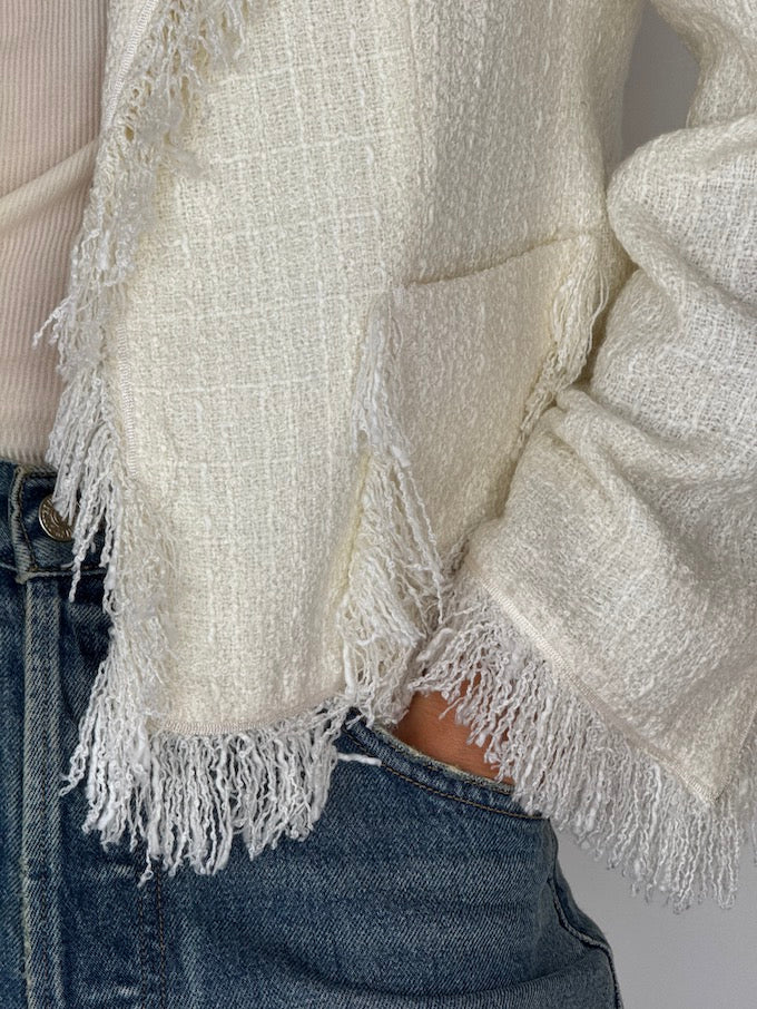 Vintage Fringe Tweed Jacket Blazer Cream 6428
