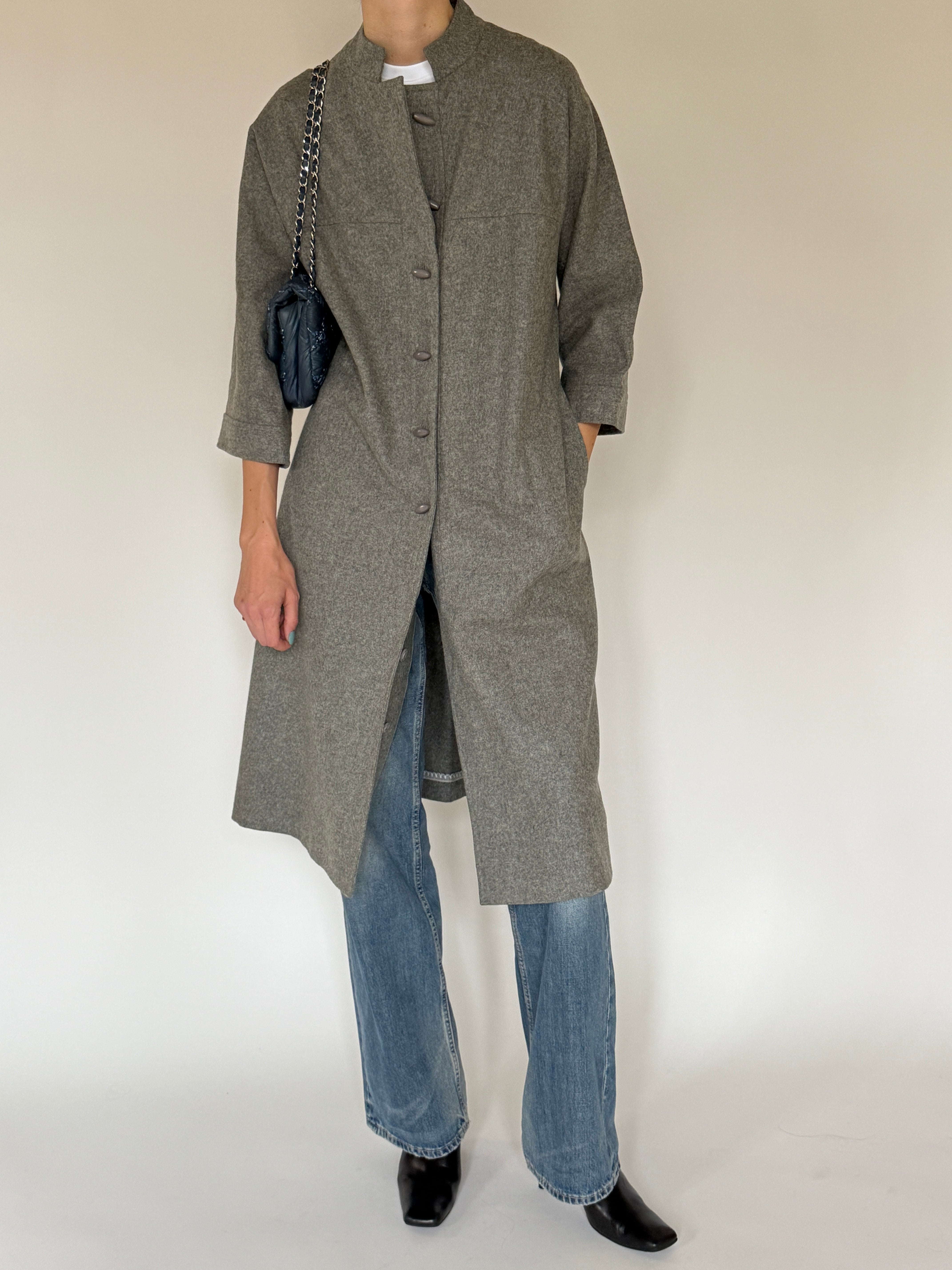 Vintage long grey coat front view