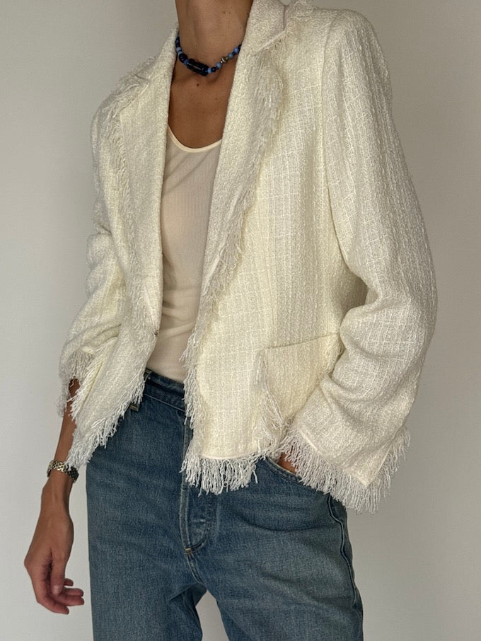 Vintage Fringe Tweed Jacket Blazer Cream 6428