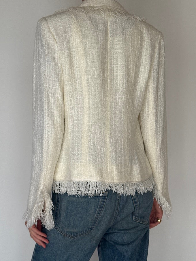 Vintage Fringe Tweed Jacket Blazer Cream 6428