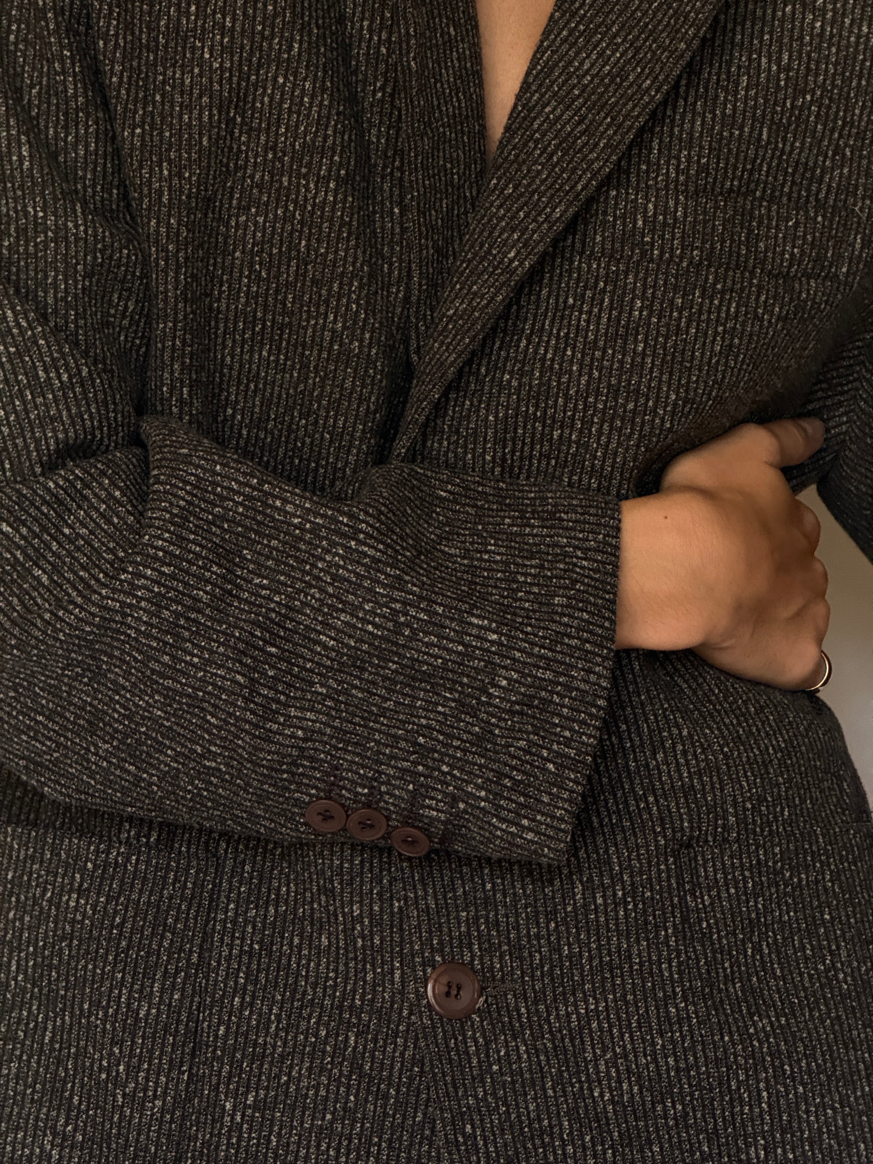 Vintage charcoal pinstripe blazer detail view
