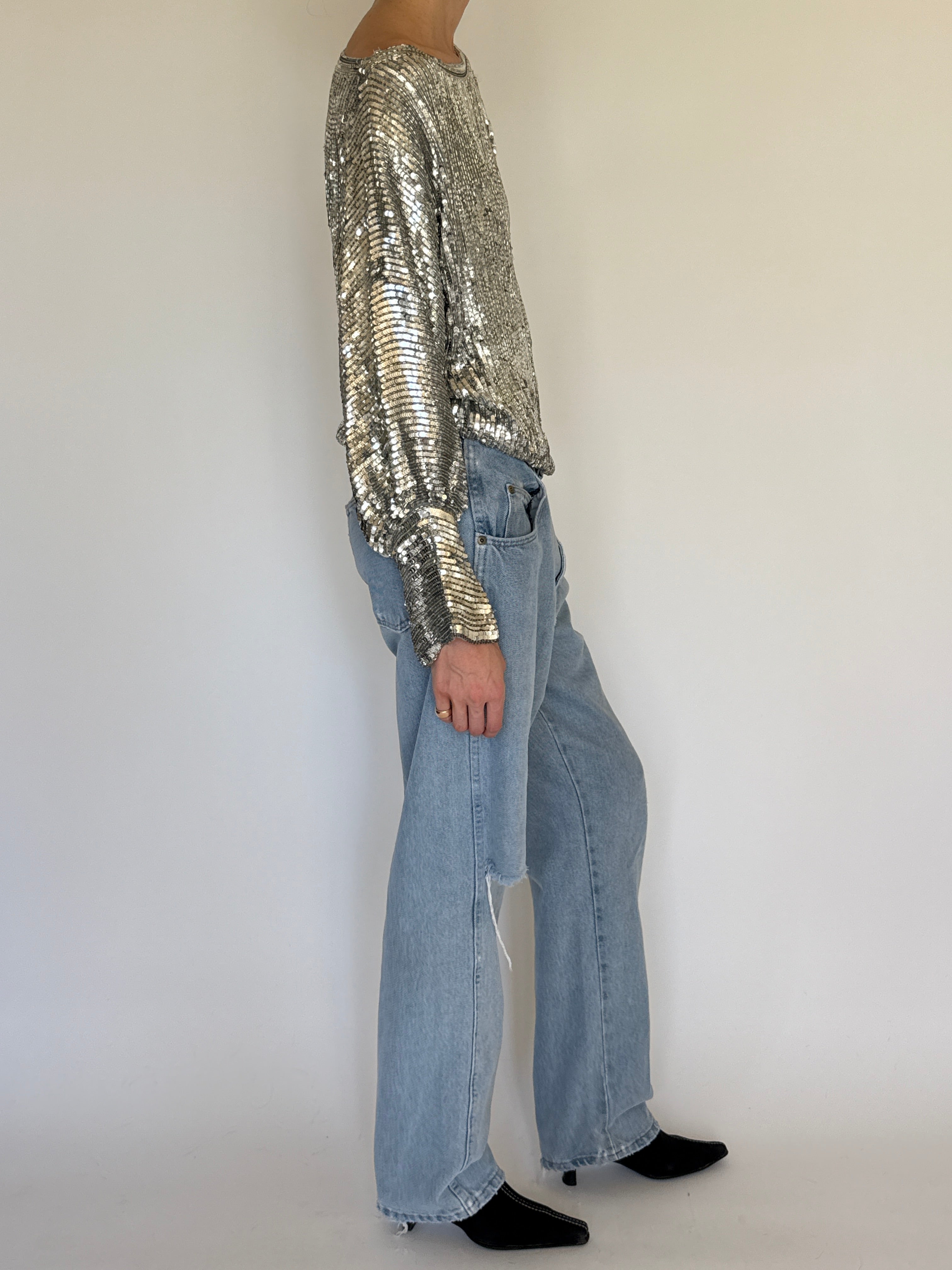 Vintage silver sequin long sleeve top side view