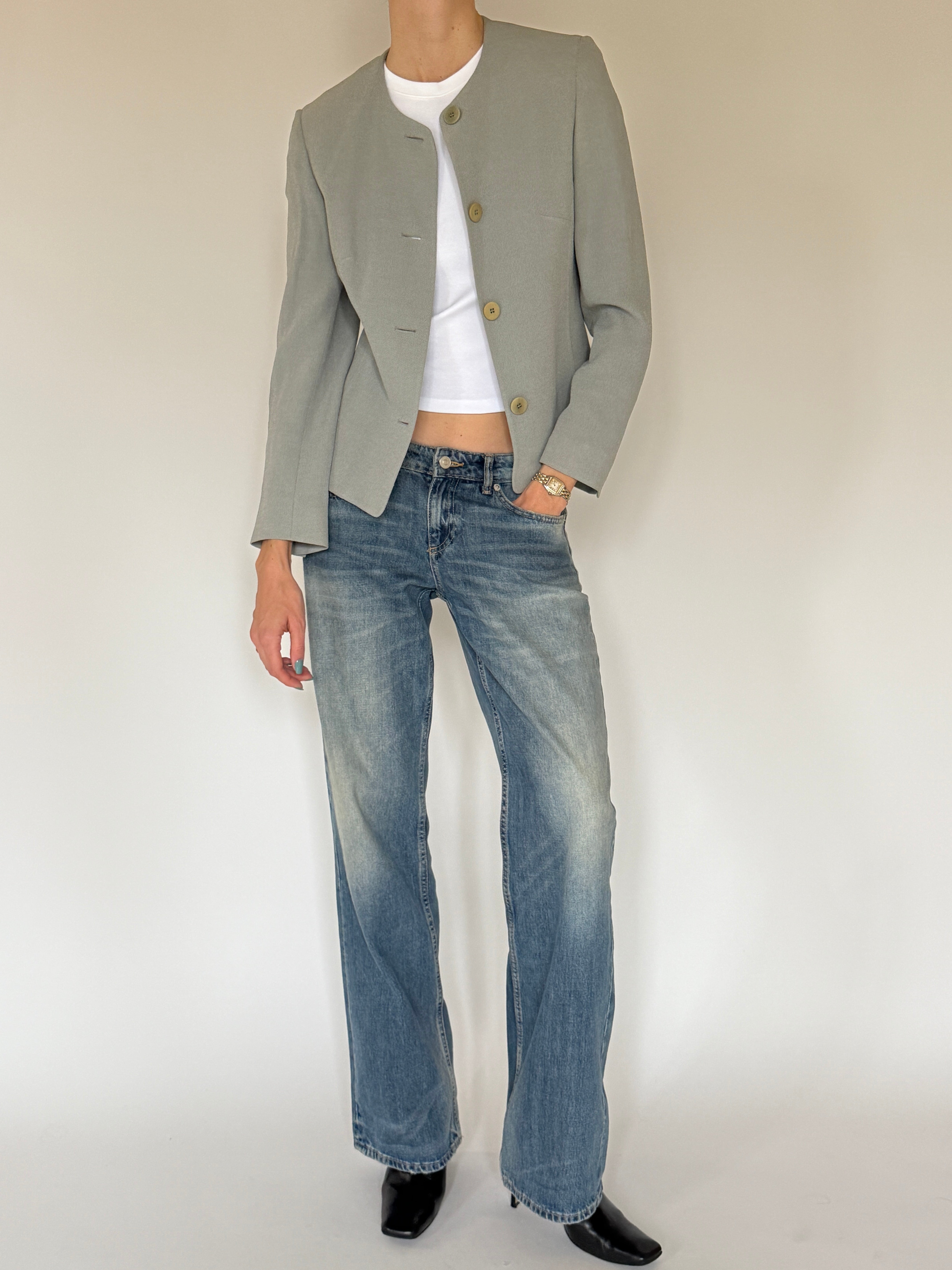 Vintage sage green collarless jacket front view
