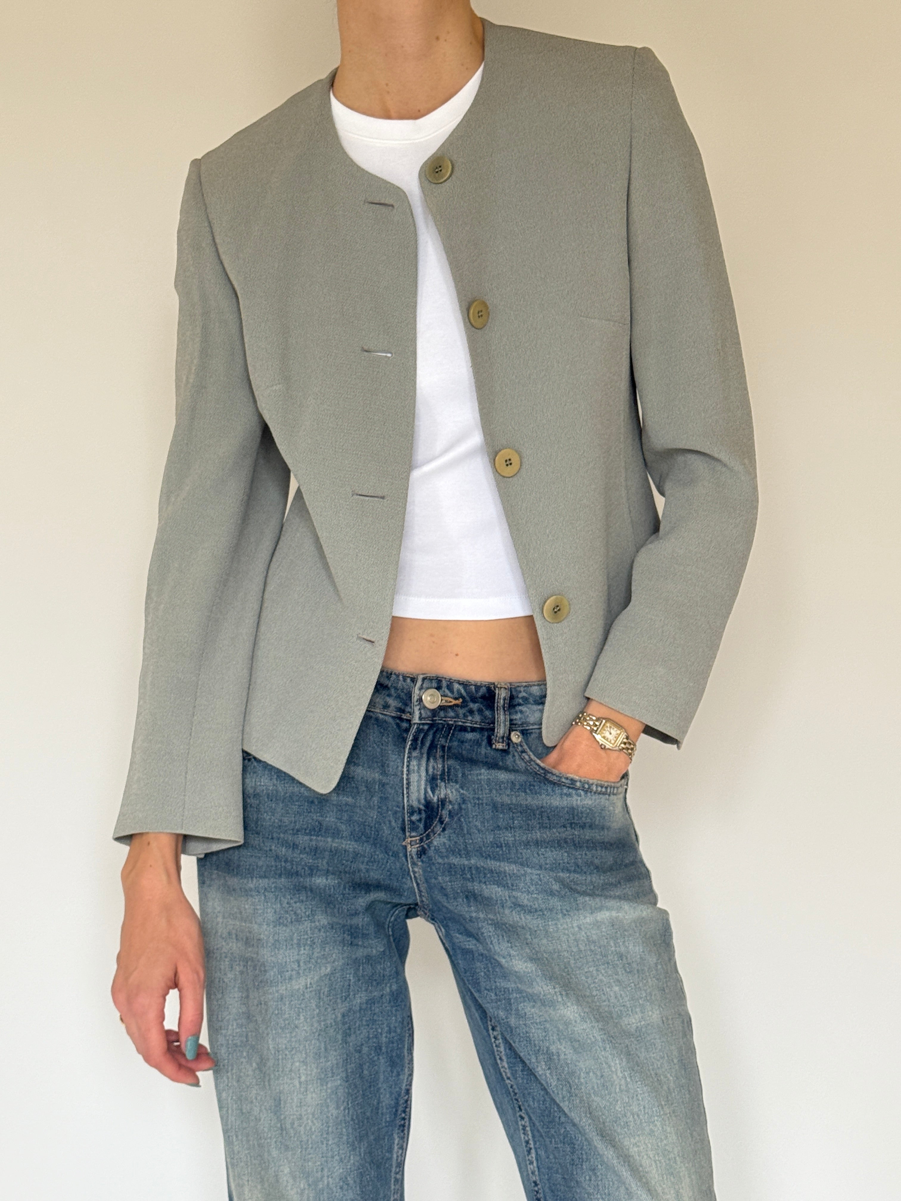 Vintage sage green collarless jacket front view