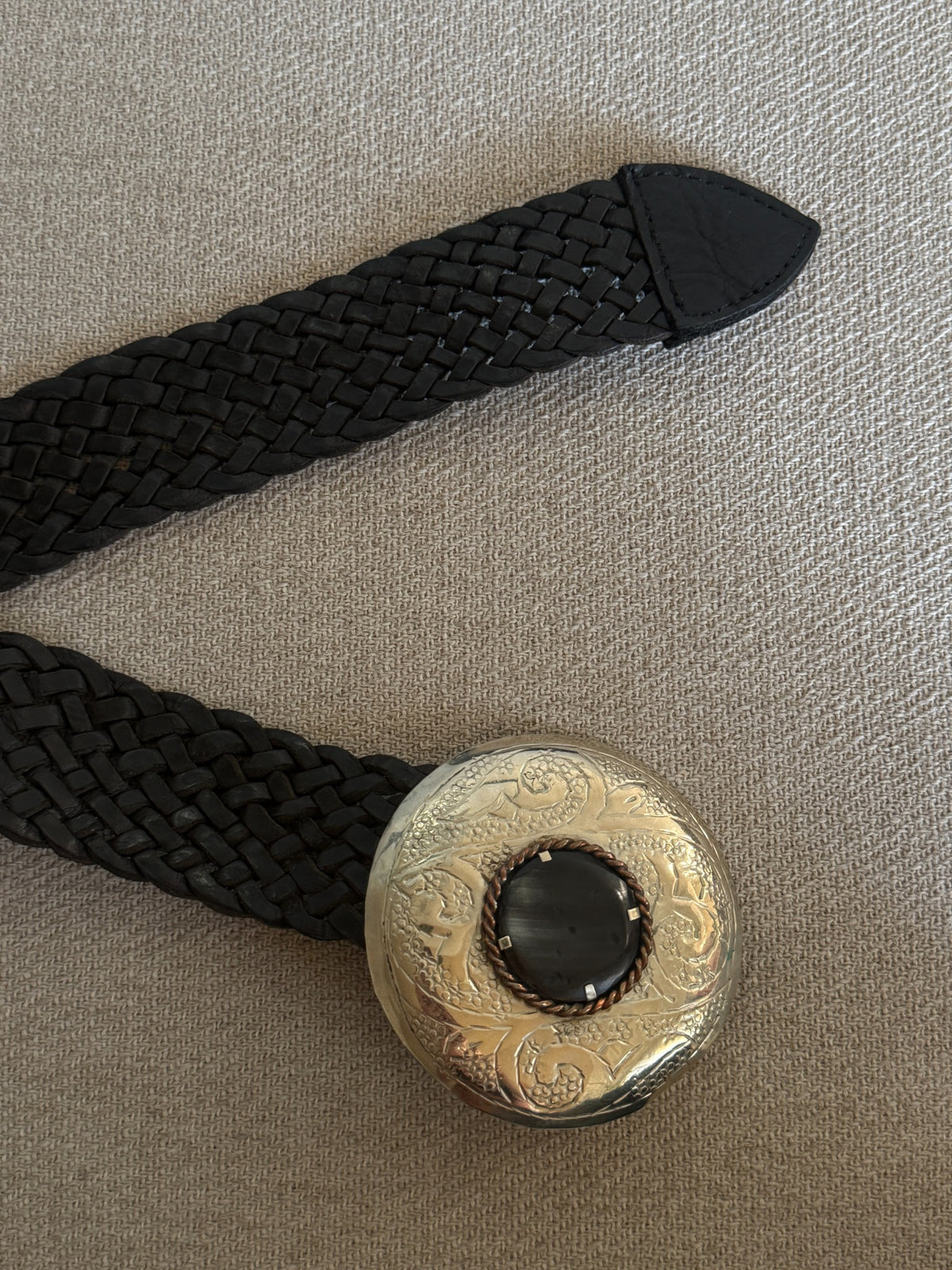 Vintage Western braided leather statement belt black front view