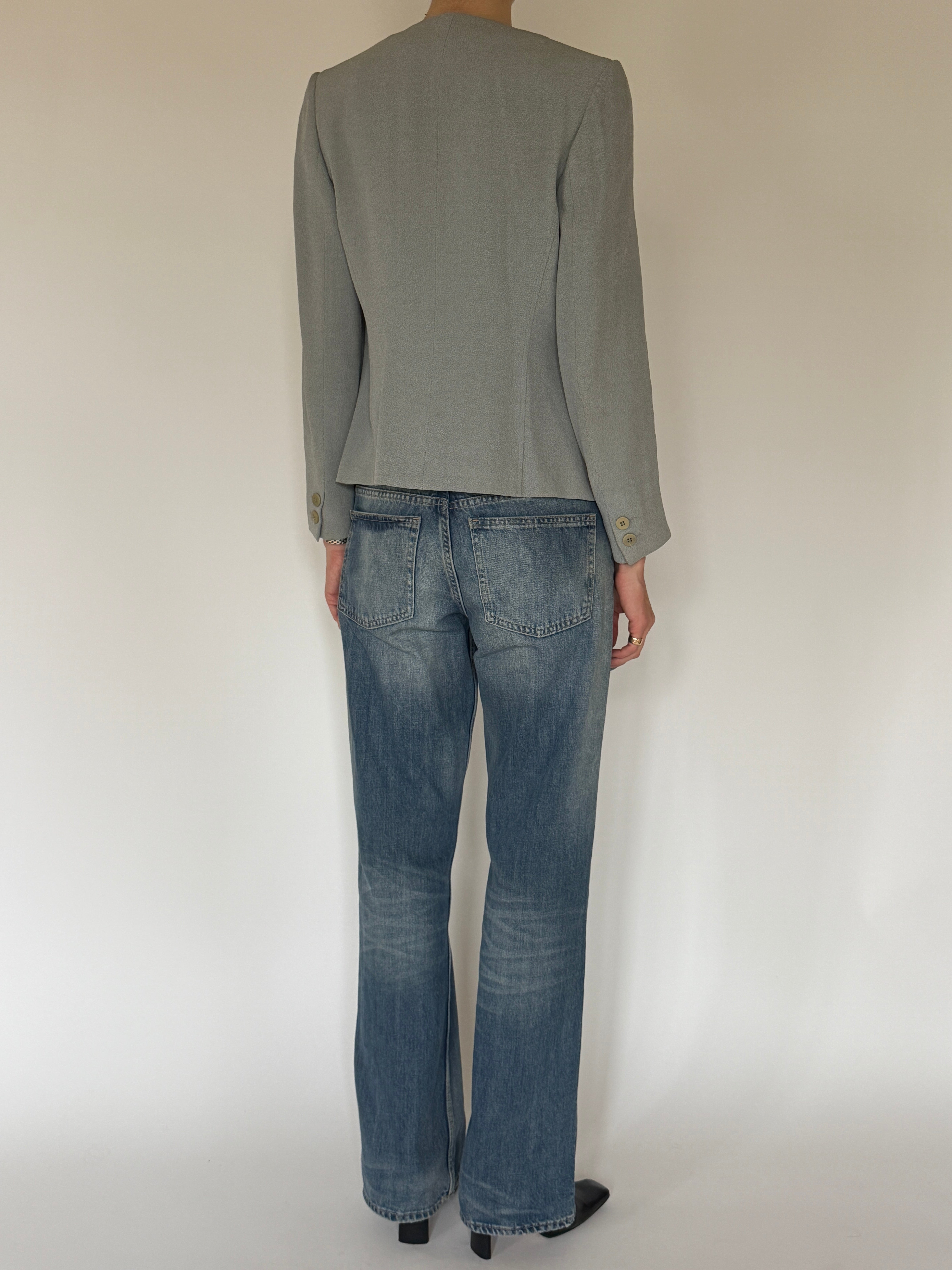 Vintage sage green collarless jacket back view