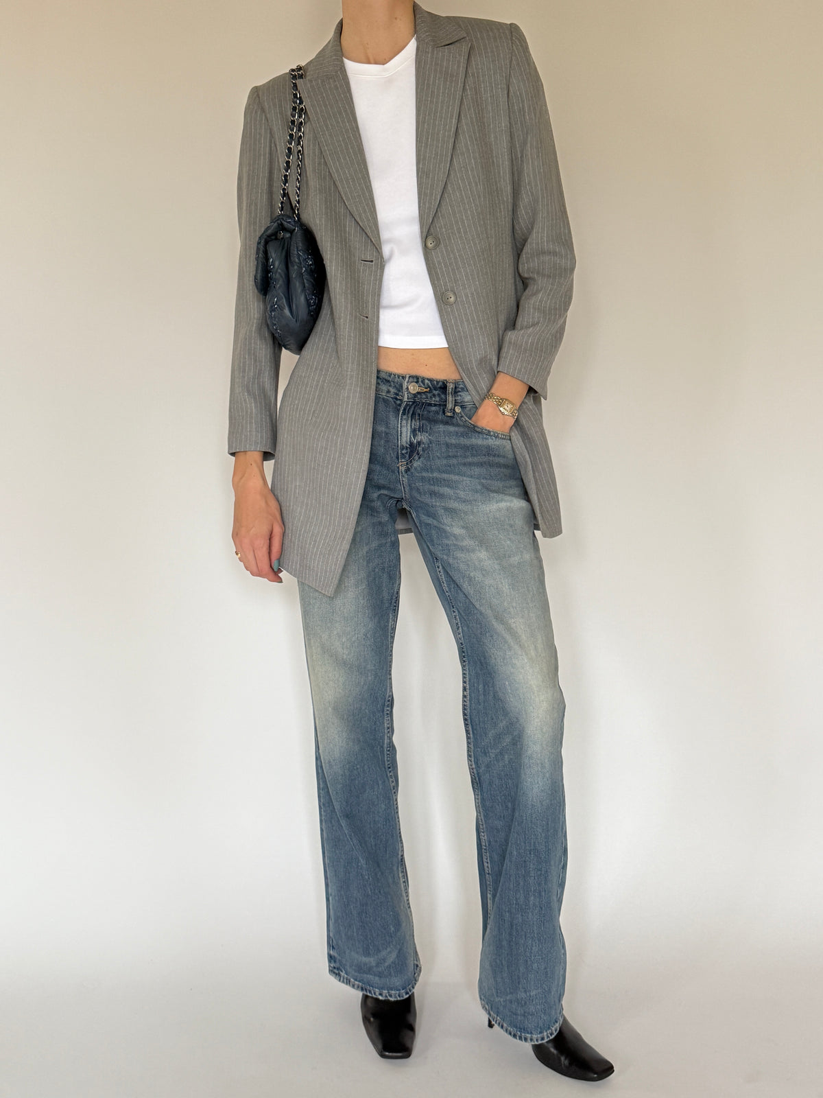 Vintage grey pinstripe longline blazer front view