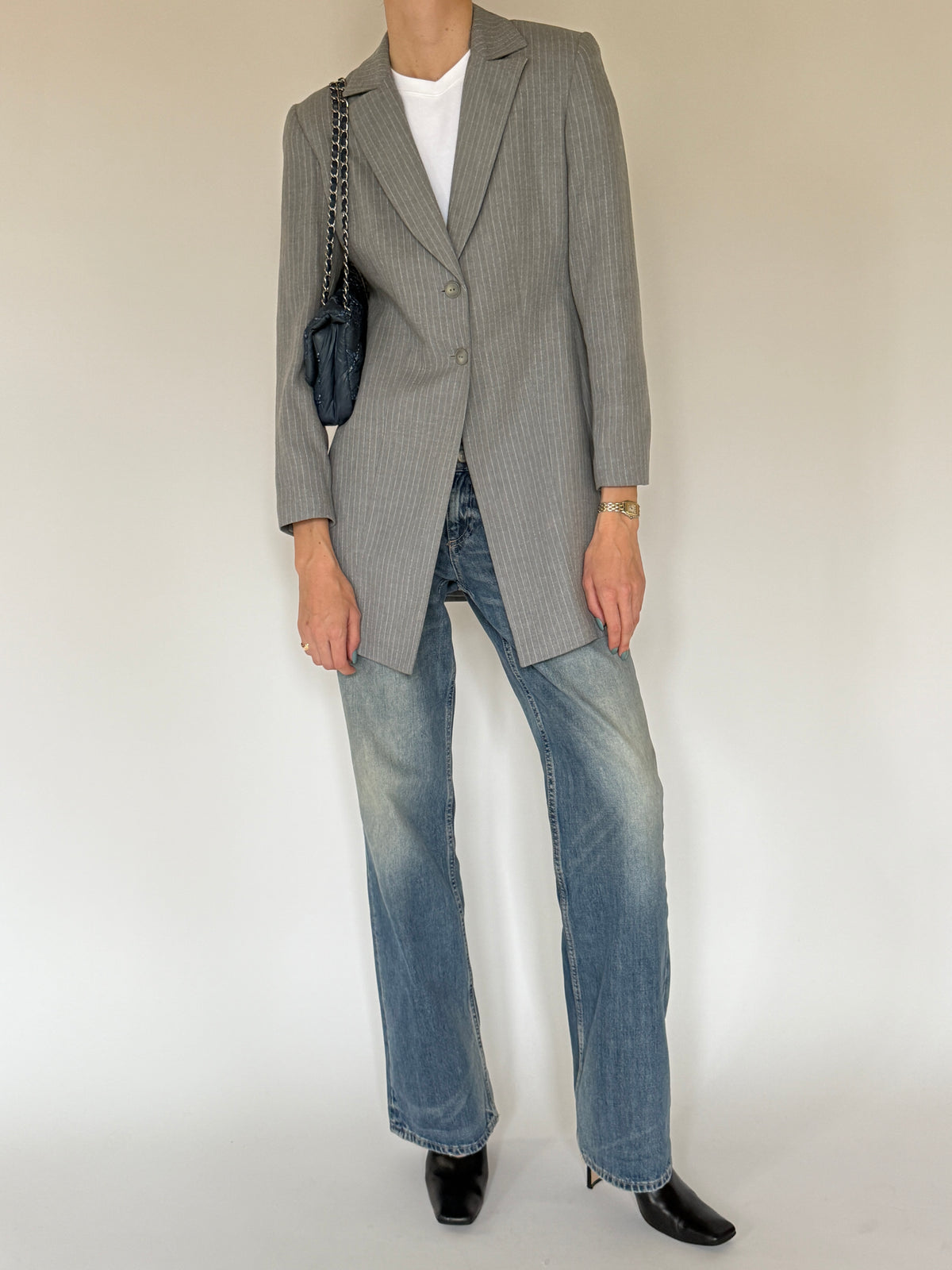 Vintage grey pinstripe longline blazer front view