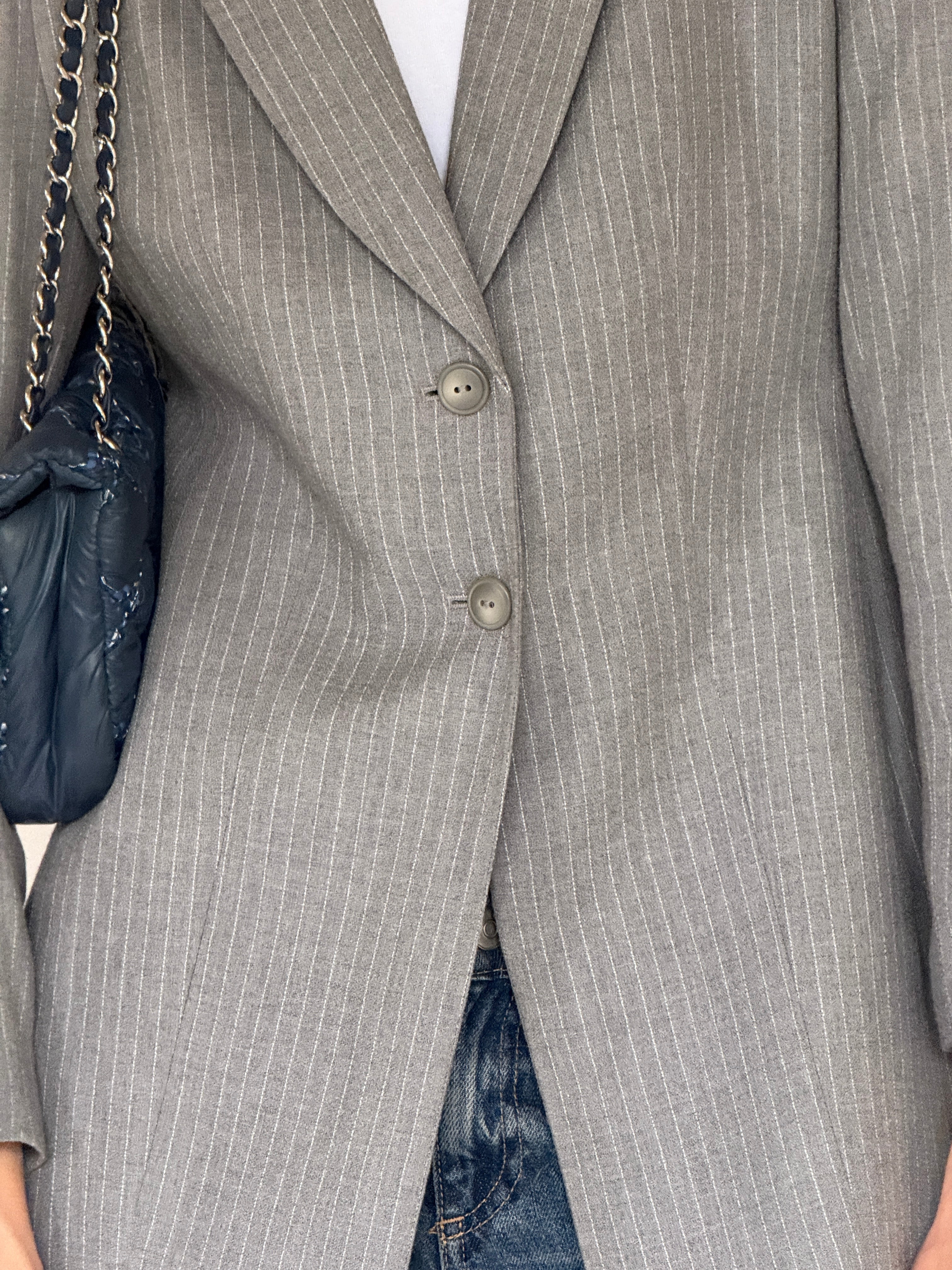 Vintage grey pinstripe longline blazer close-up front detail