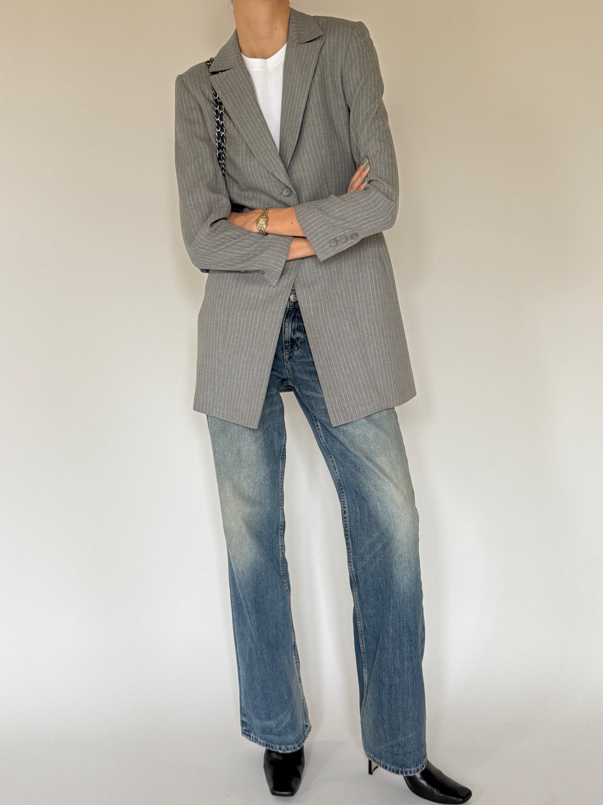 Vintage grey pinstripe longline blazer front view