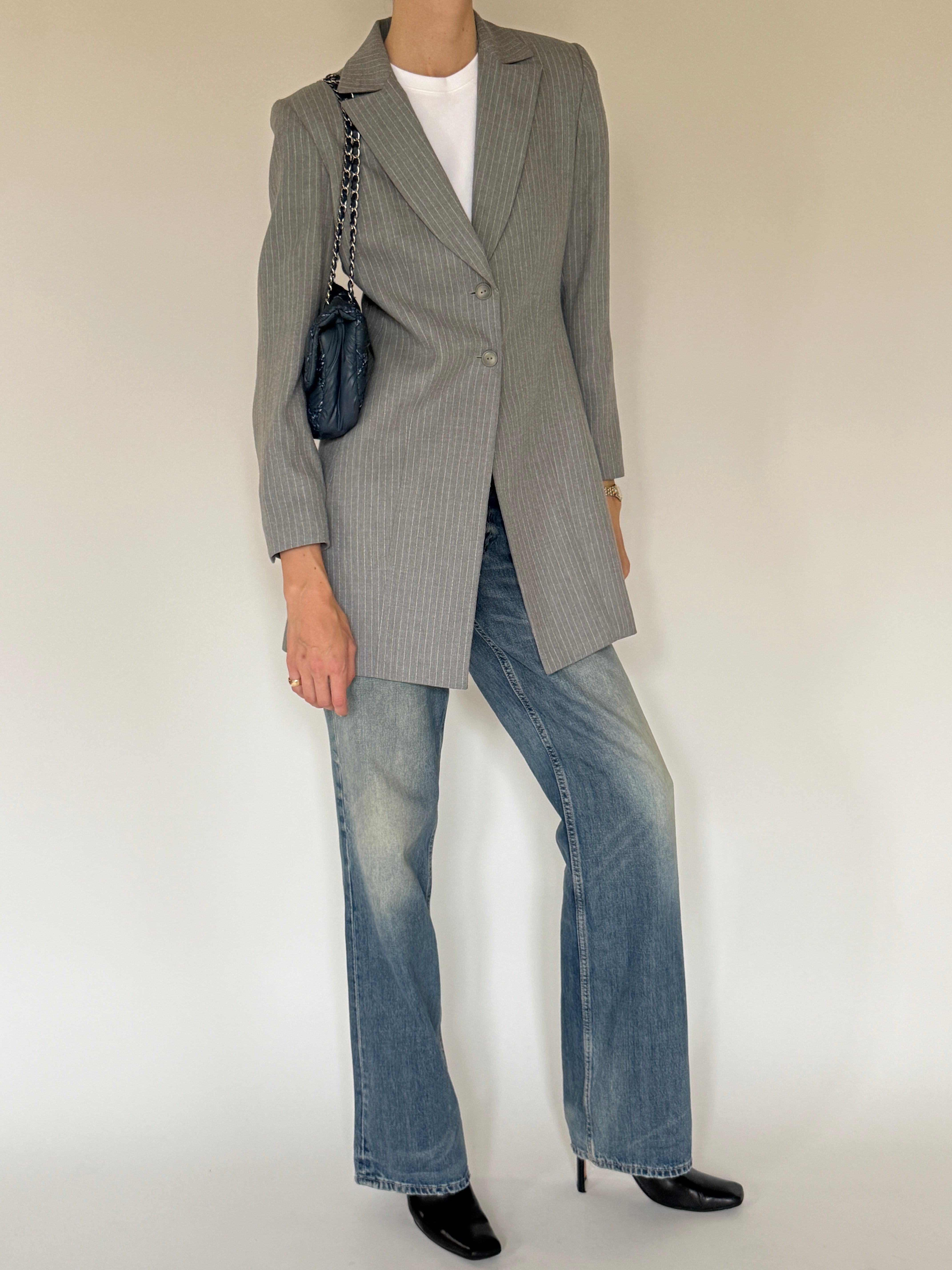 Vintage grey pinstripe longline blazer front view