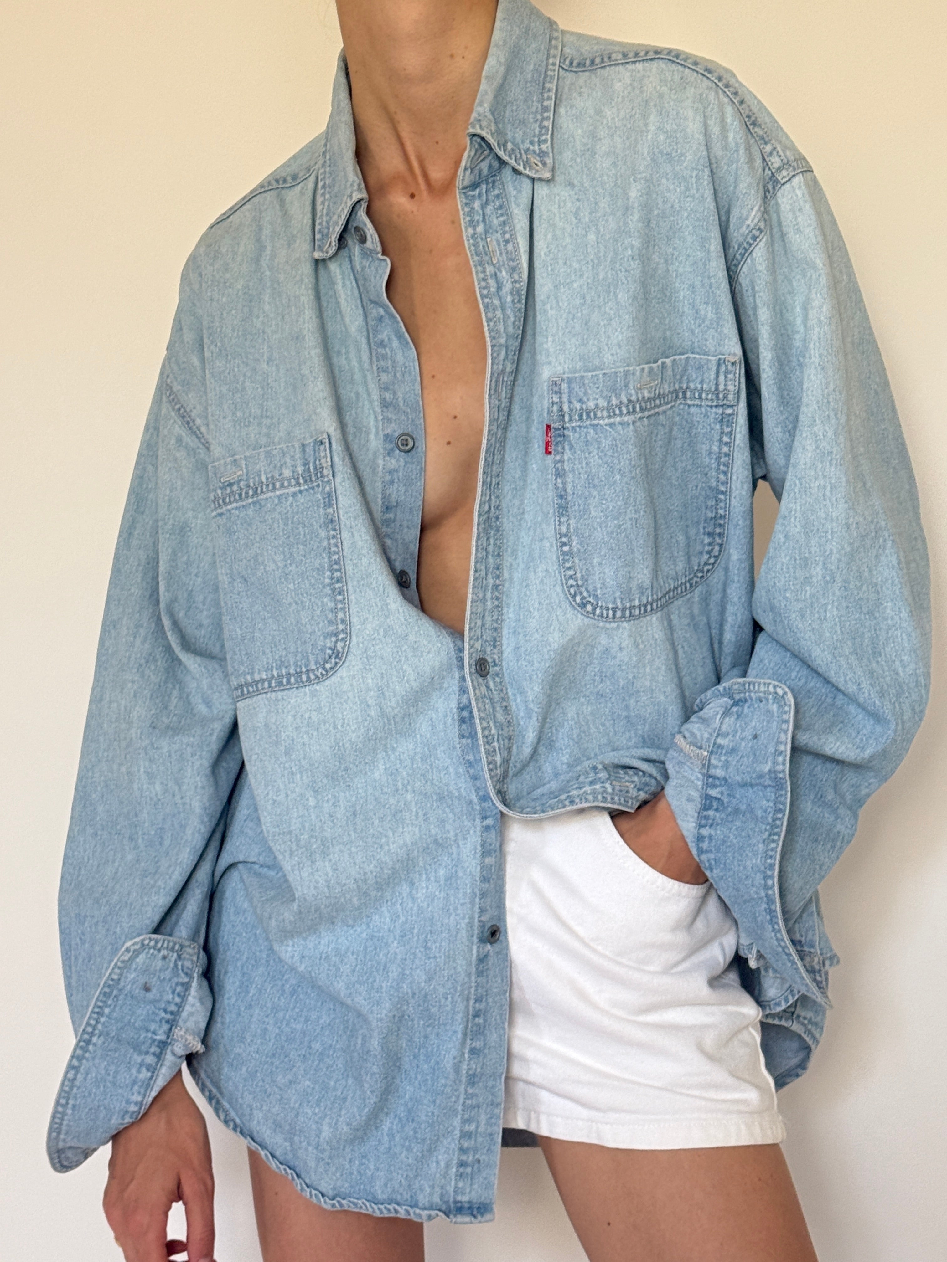 Vintage oversized light wash denim shirt front view