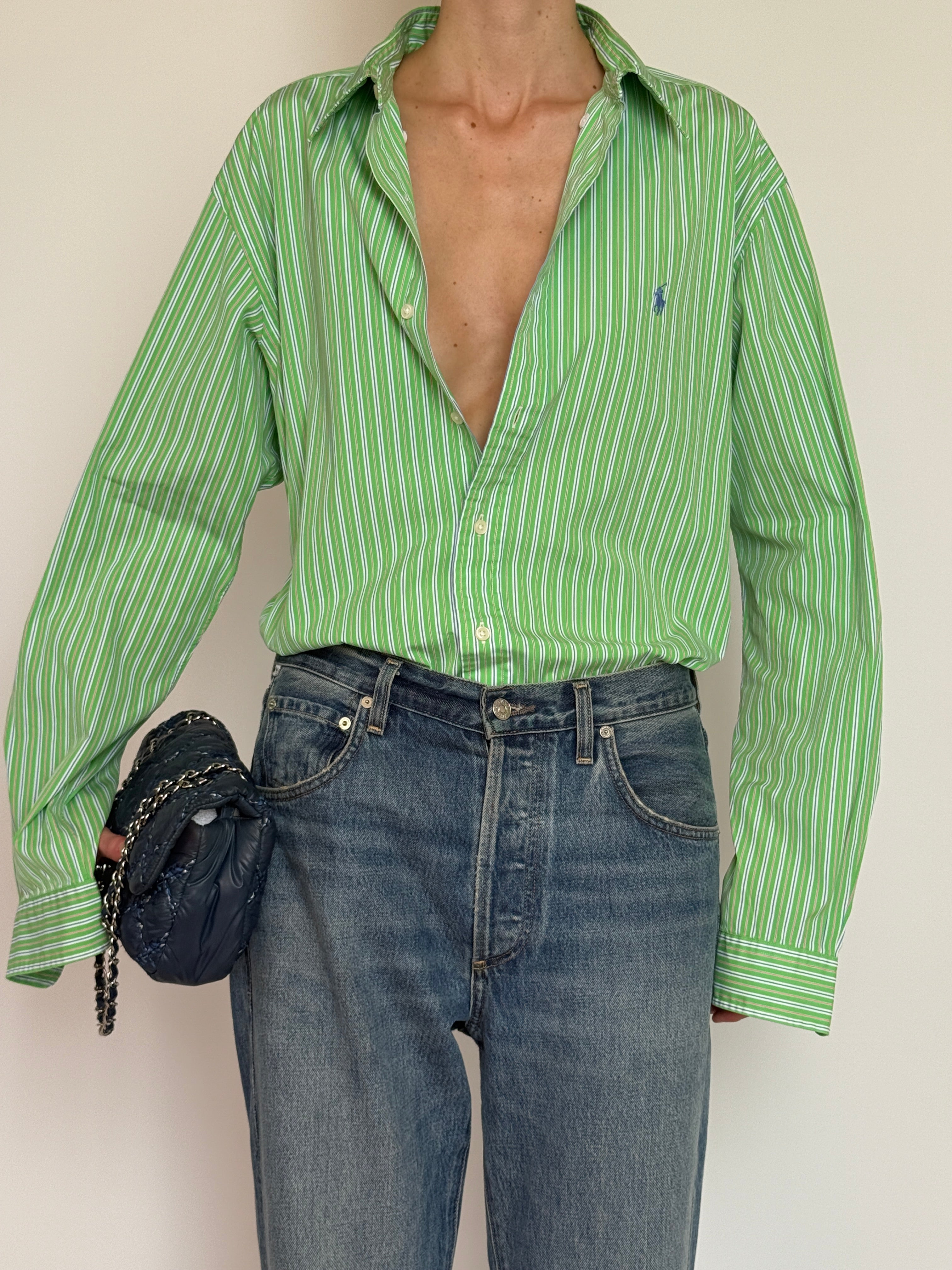 Vintage Ralph Lauren green and white striped long sleeve button-down shirt