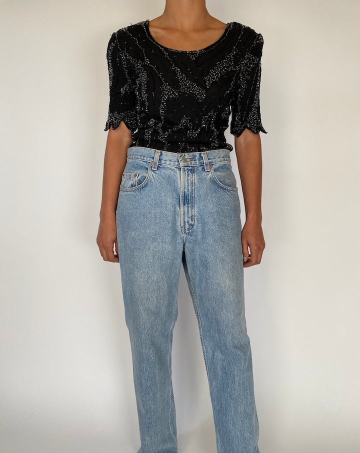 VINTAGE BLACK BEADED SHORT SLEEVE TOP 2286