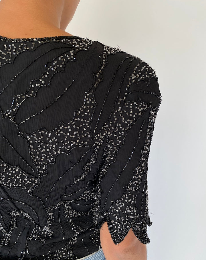 VINTAGE BLACK BEADED SHORT SLEEVE TOP 2286