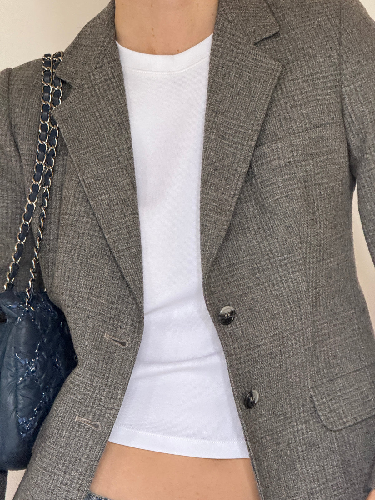 Vintage grey wool blazer fabric close-up