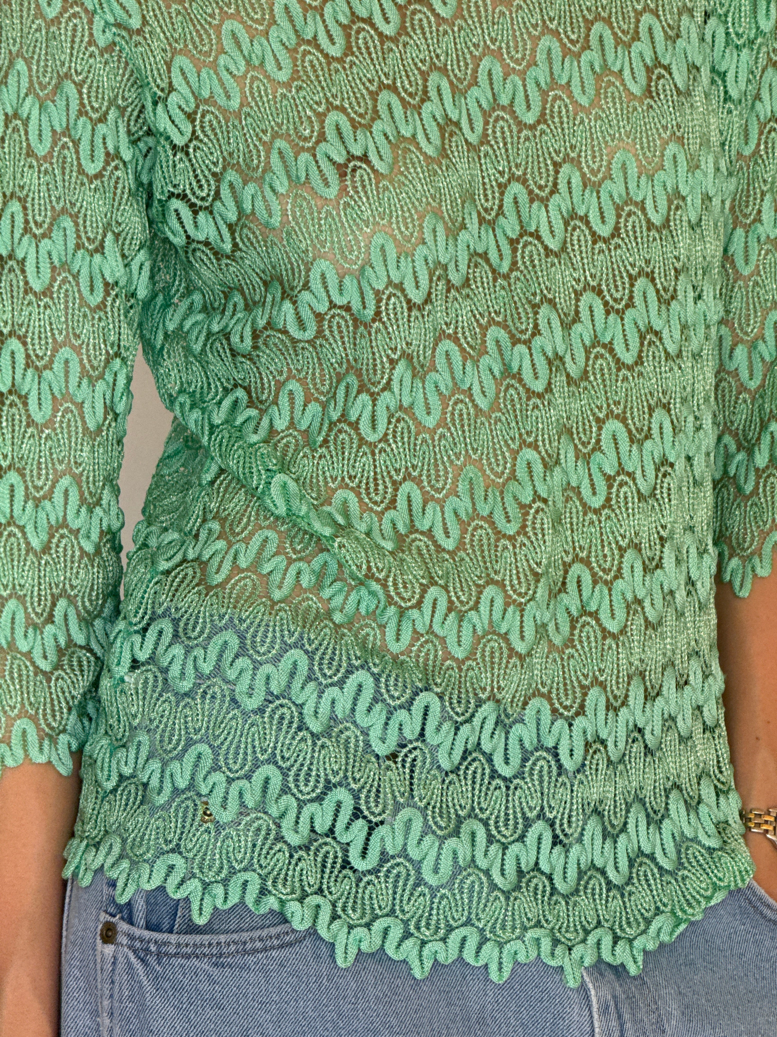 Vintage mint lace fabric texture close-up