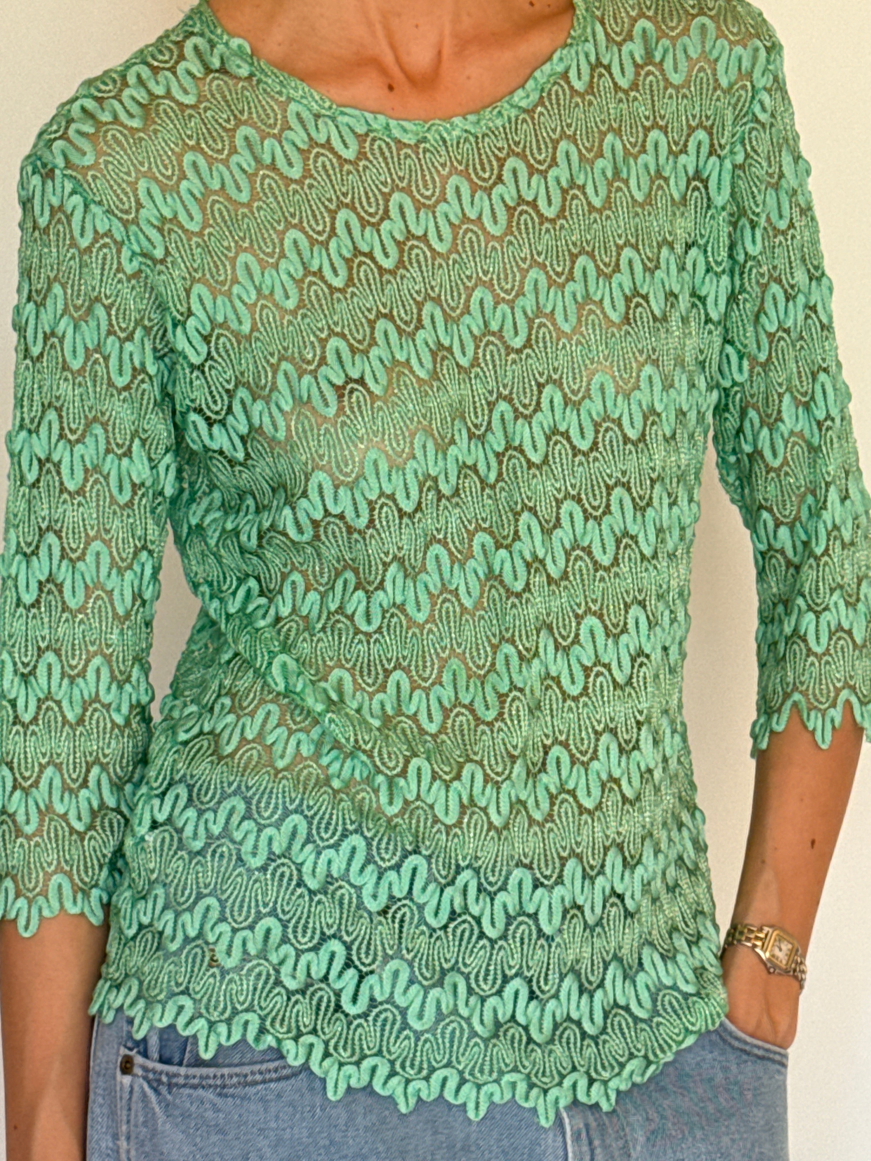 Vintage mint sheer lace top front view