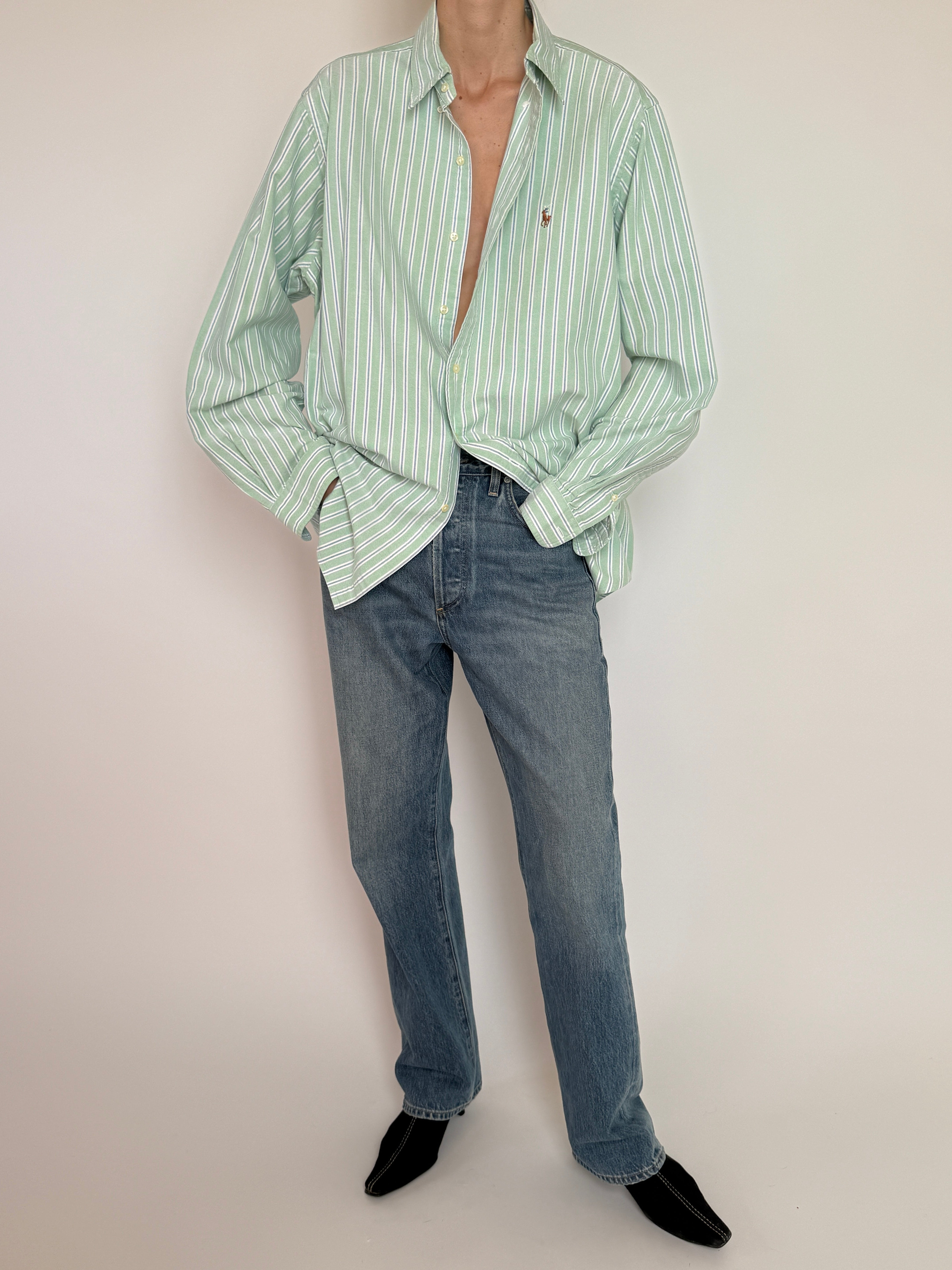 Vintage classic striped button-down shirt with soft drape green