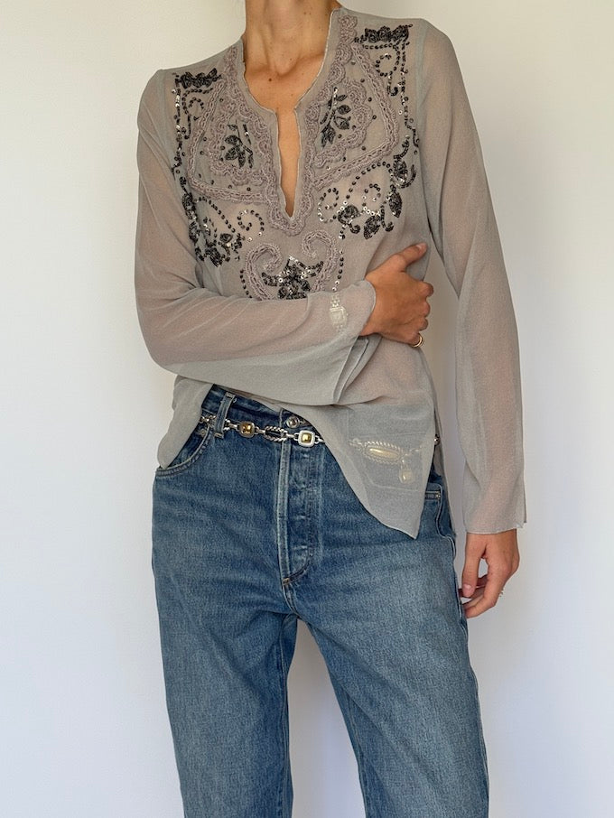 Vintage Sheer Embellished Blouse in Soft Grey 6622