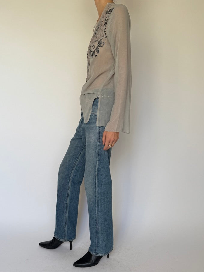 Vintage Sheer Embellished Blouse in Soft Grey 6622