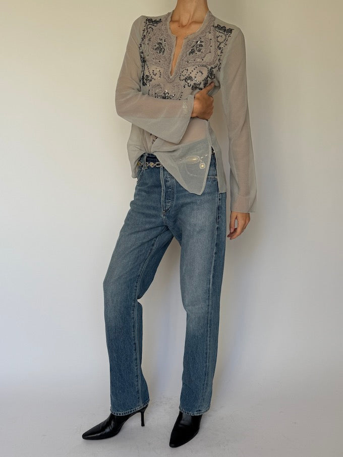 Vintage Sheer Embellished Blouse in Soft Grey 6622