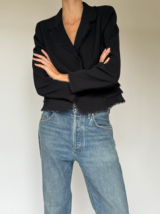 Vintage Blazer with Frayed Trim Black 6427