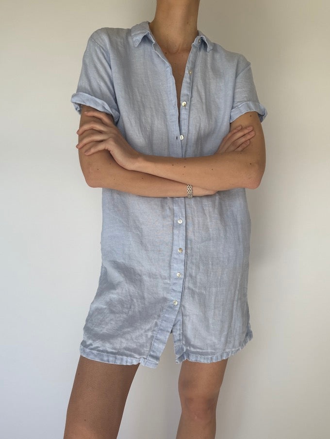 Vintage Short-Sleeve Linen Dress Light Blue 5941