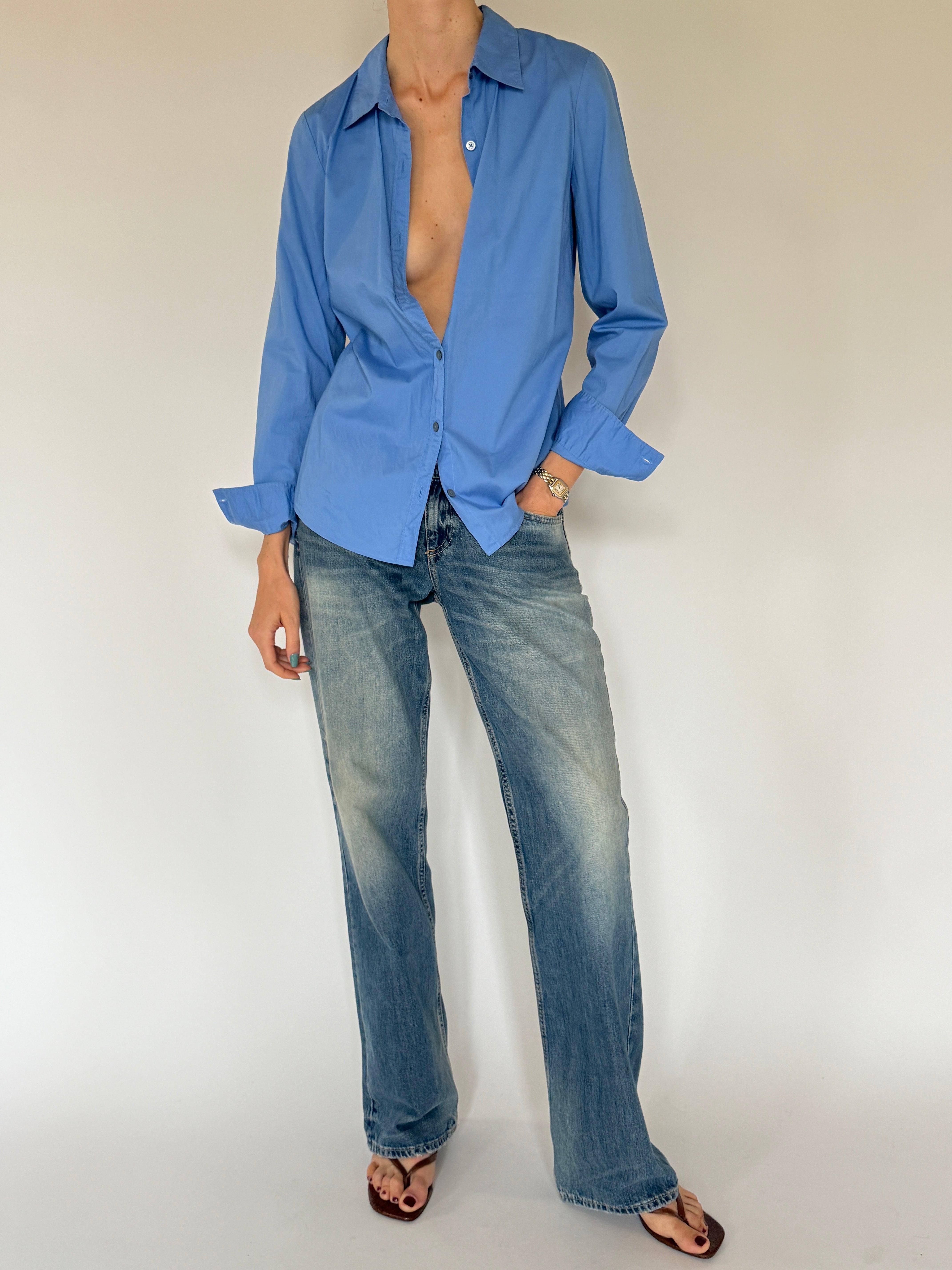Vintage blue cotton stretch shirt front view