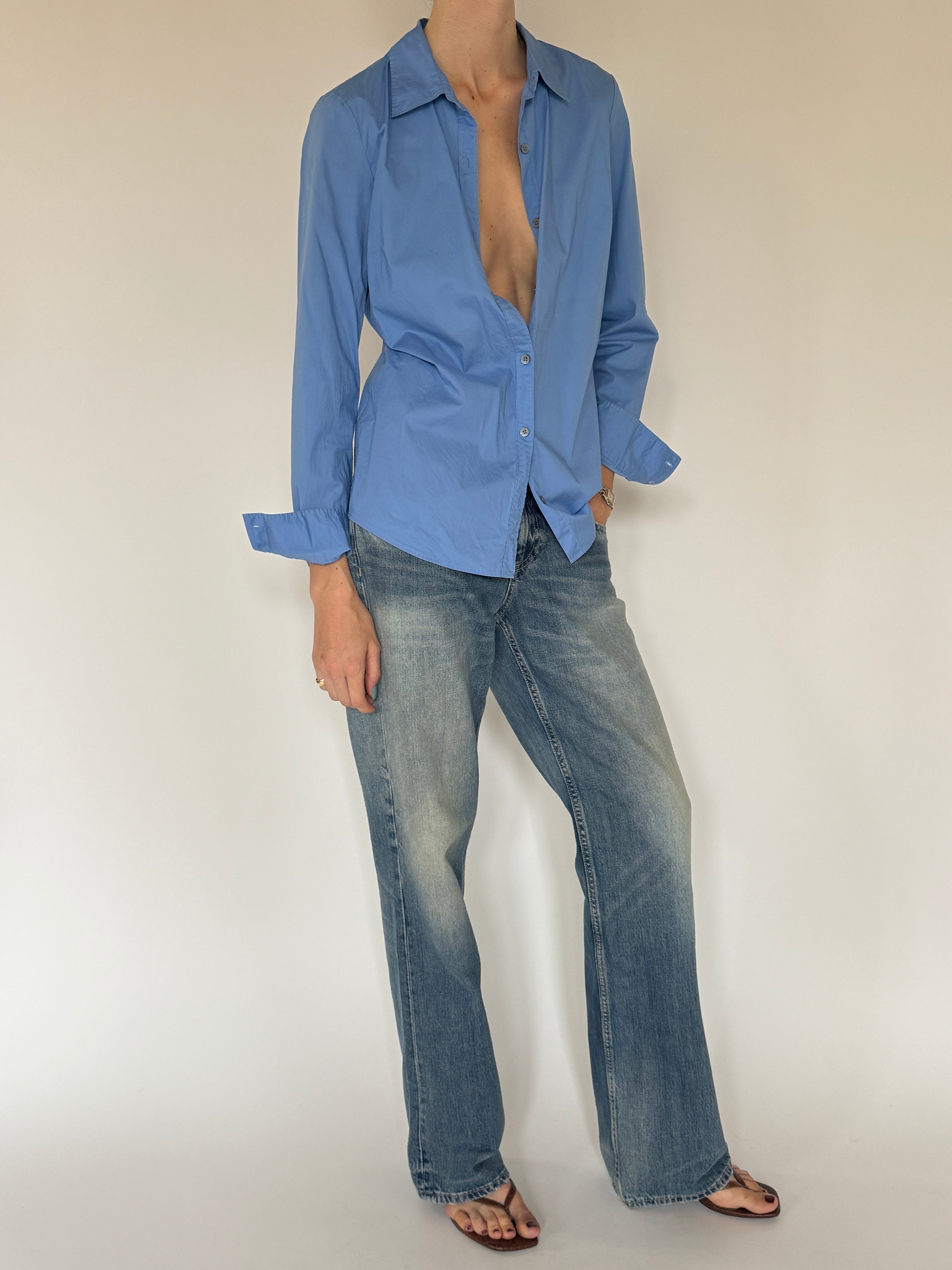 Vintage blue cotton stretch shirt angled view