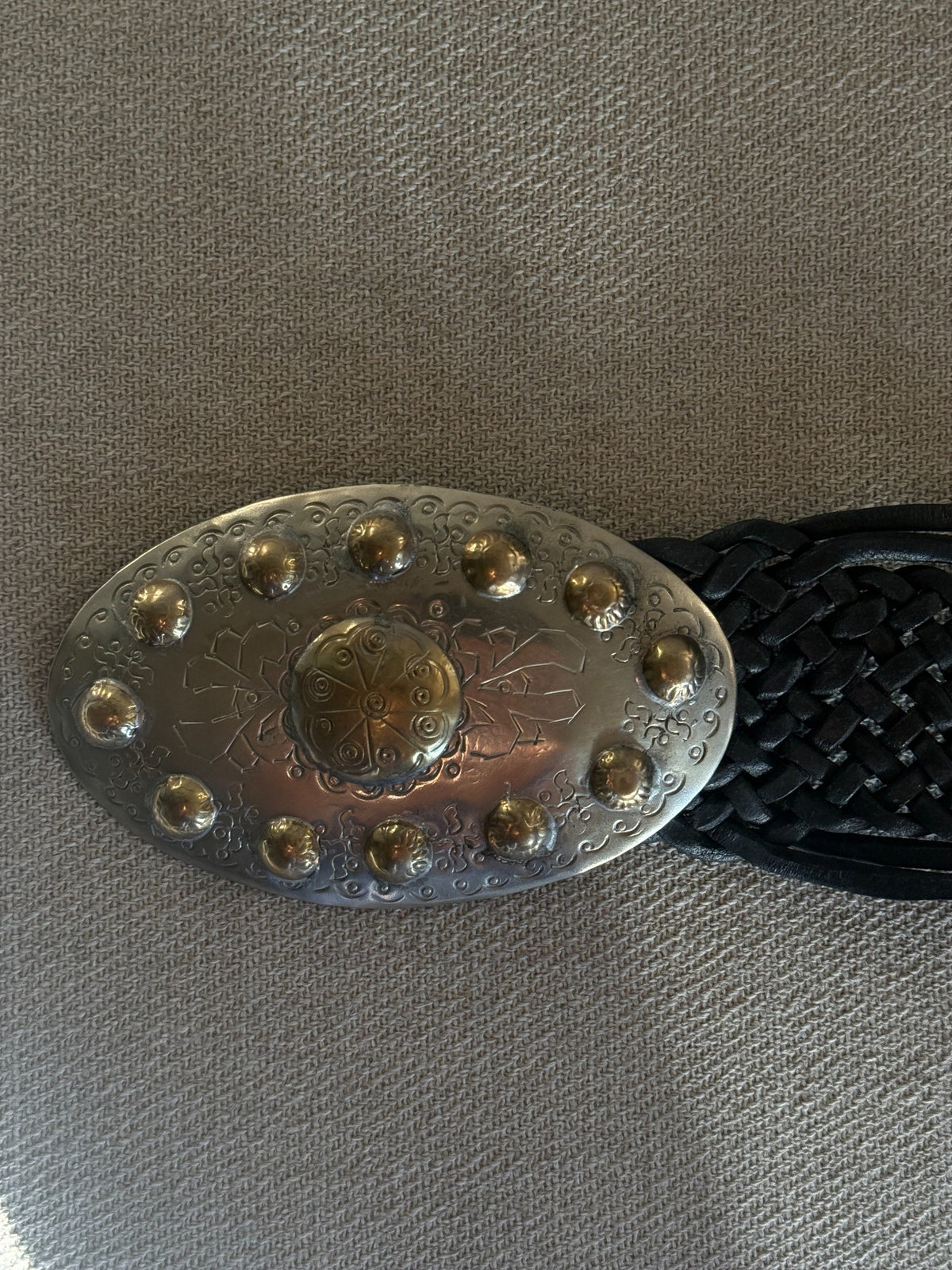 Vintage western statement buckle belt black braided leather final angle