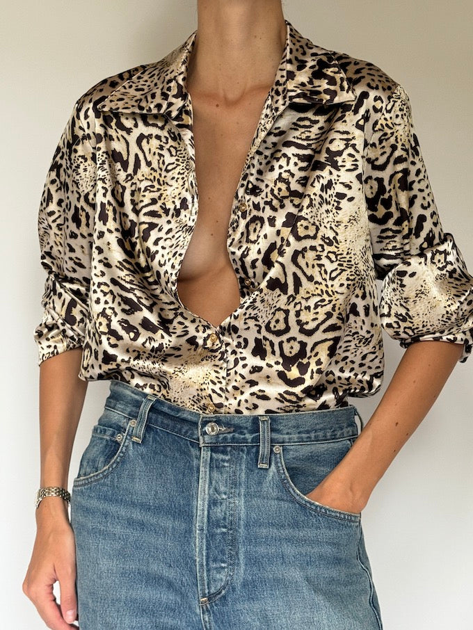 Vintage Satin Leopard Blouse 6393
